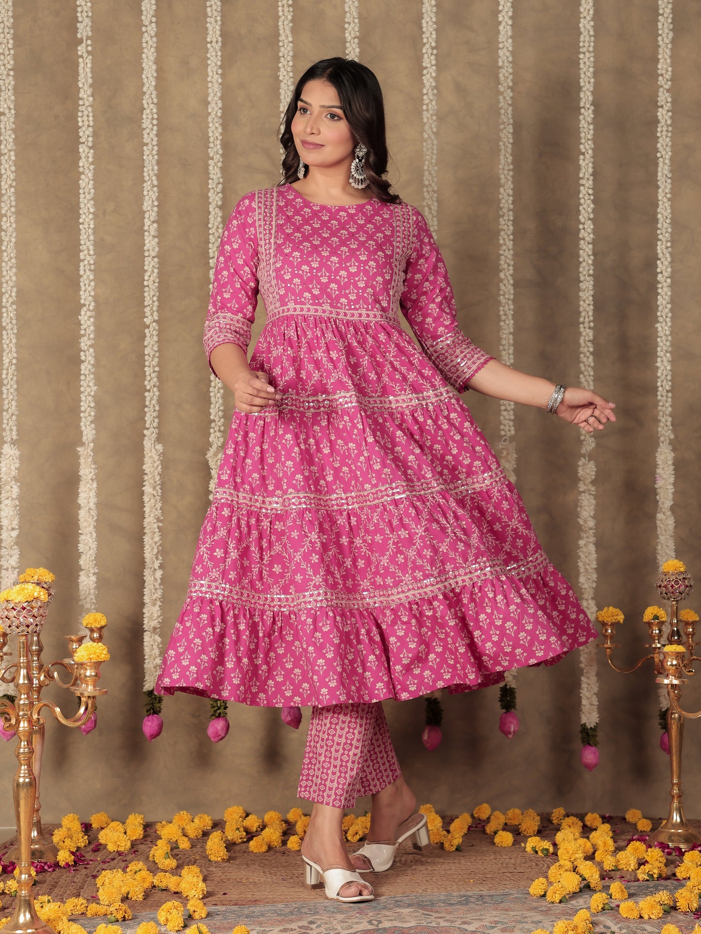 Soft Cotton Floral Anarkali Pink Kurta
