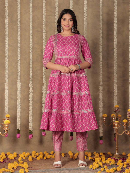 Soft Cotton Floral Anarkali Pink Kurta