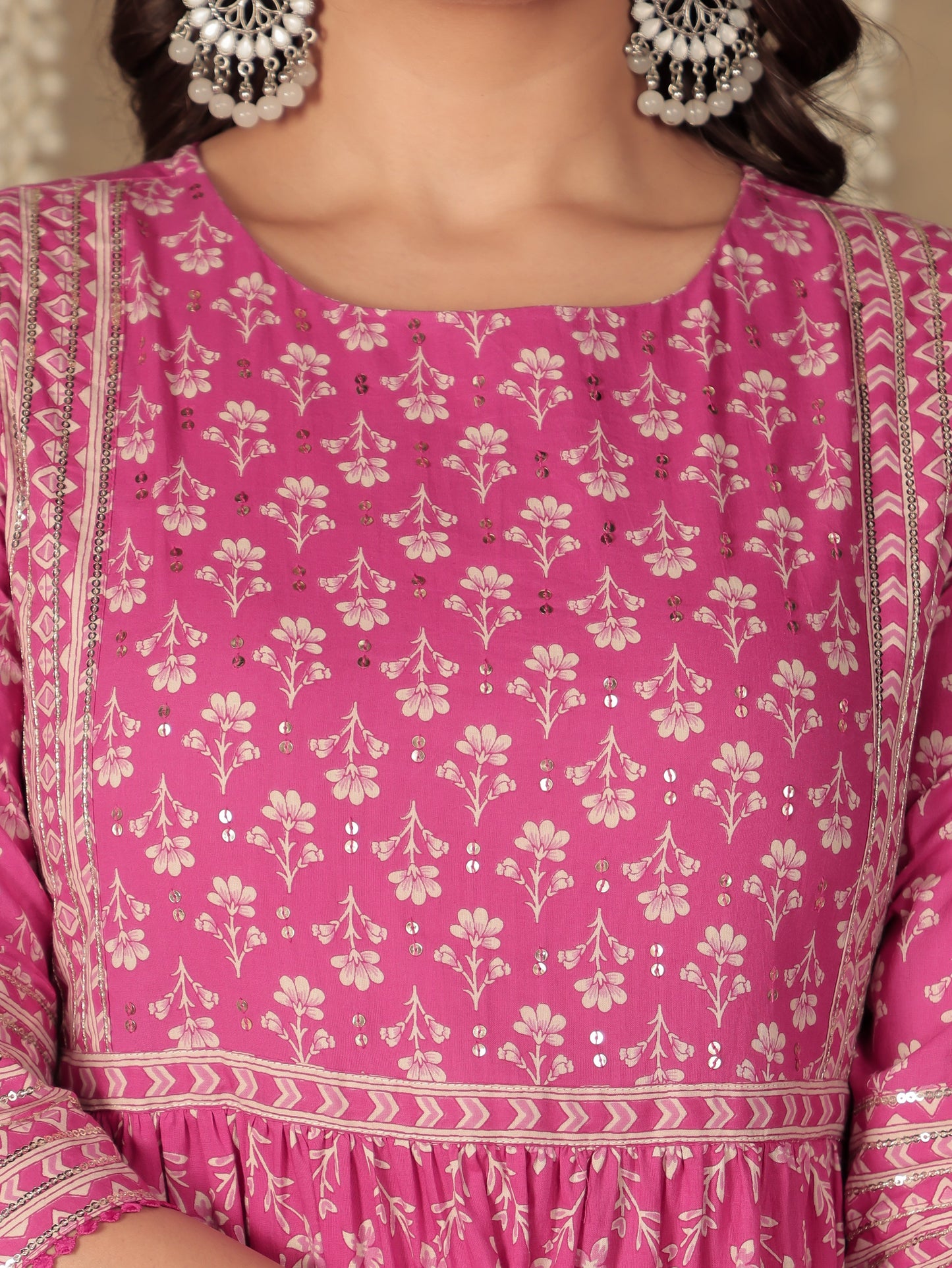 Soft Cotton Floral Anarkali Pink Kurta