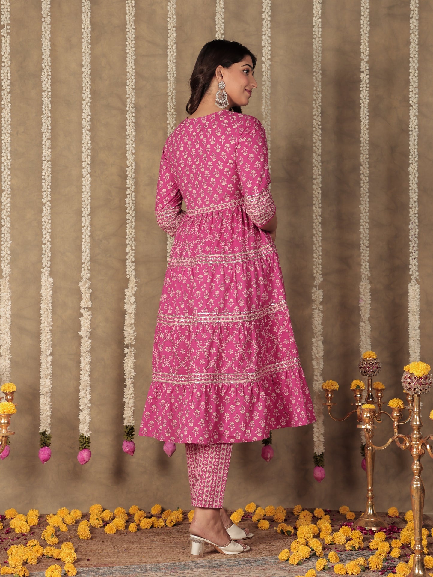 Soft Cotton Floral Anarkali Pink Kurta