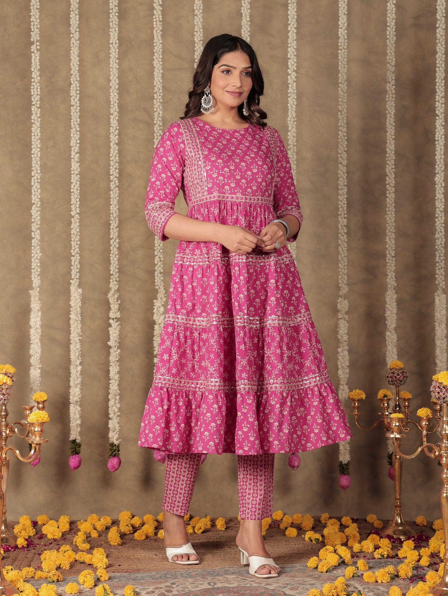 Soft Cotton Floral Anarkali Pink Kurta