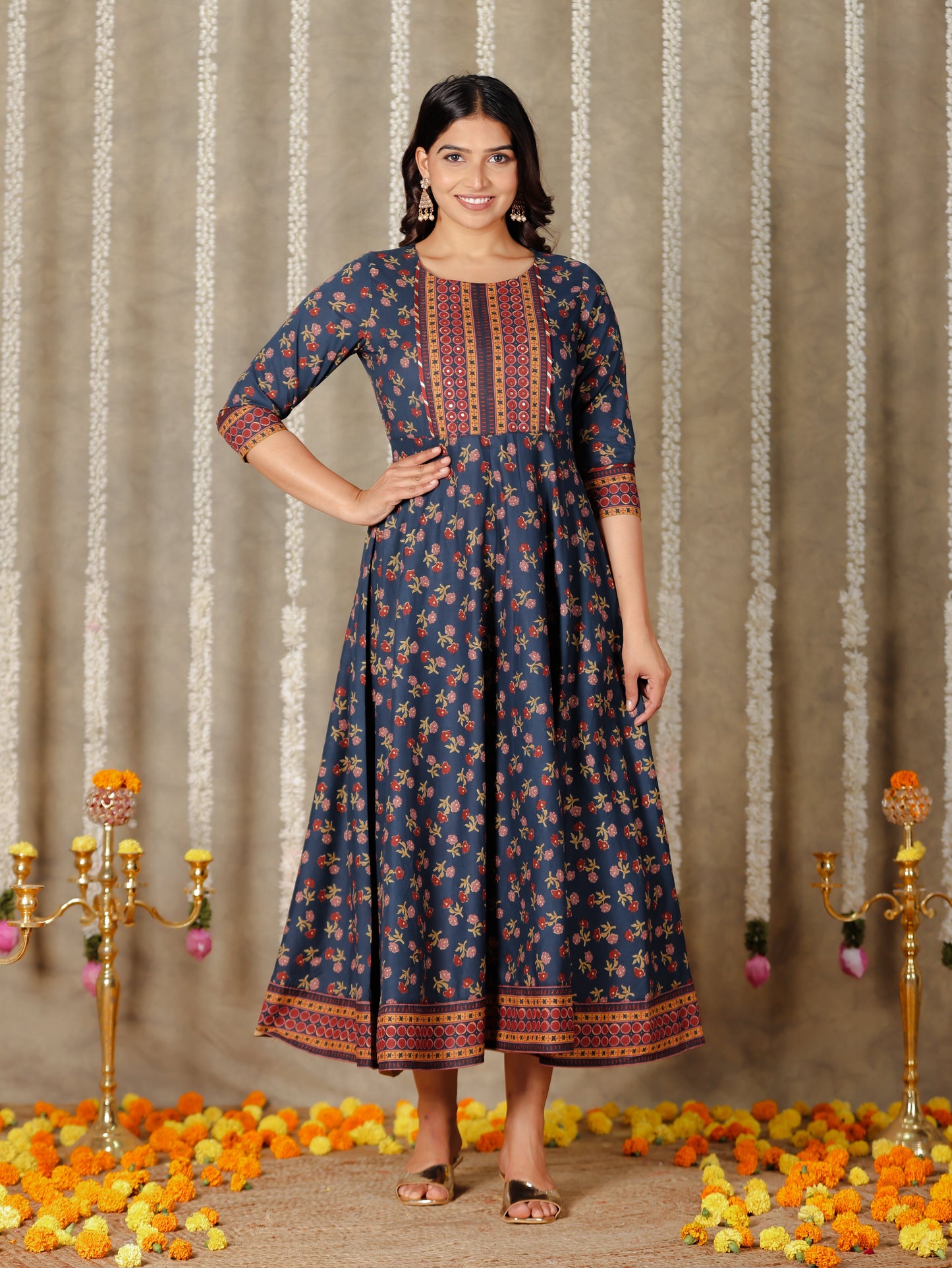 Soft Cotton Floral Anarkali Navy Blue Kurta