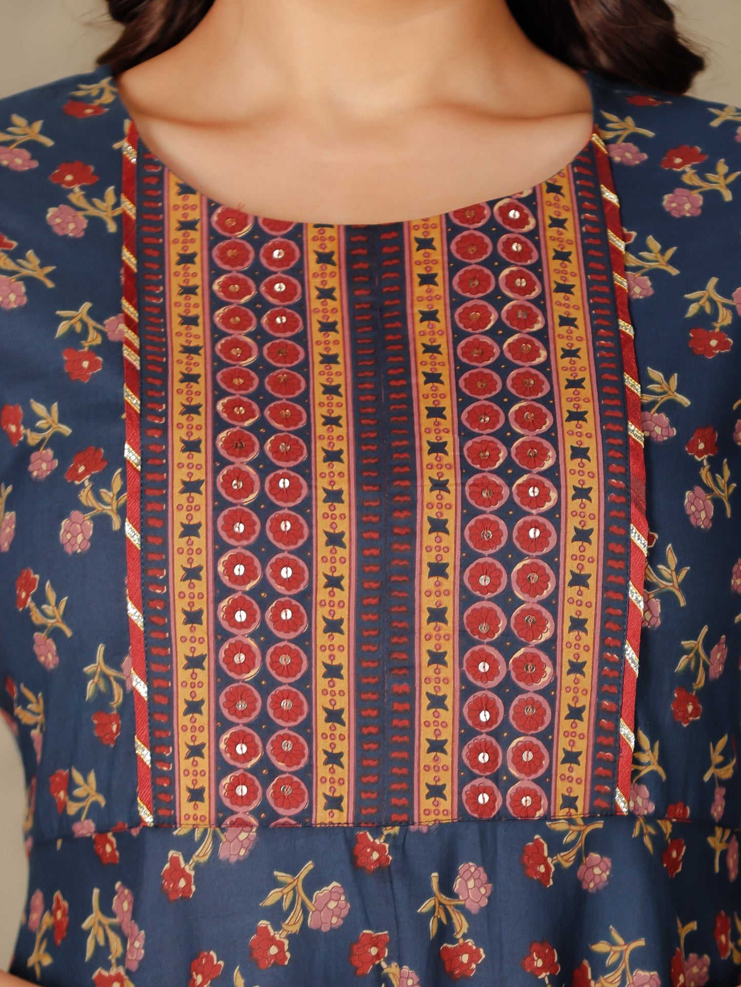 Soft Cotton Floral Anarkali Navy Blue Kurta