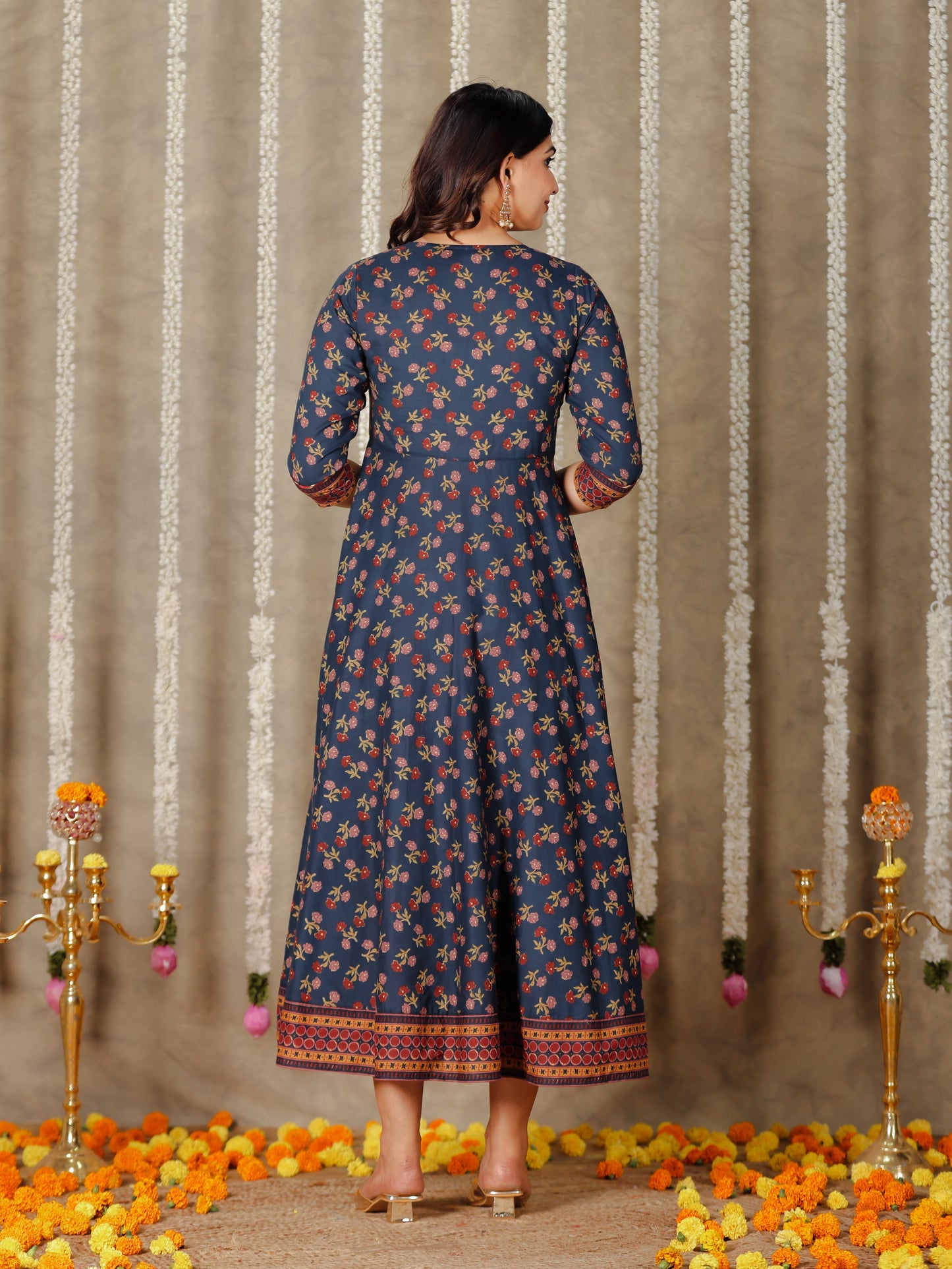 Soft Cotton Floral Anarkali Navy Blue Kurta