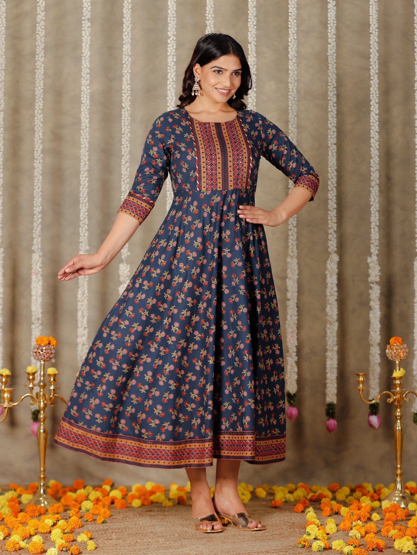 Soft Cotton Floral Anarkali Navy Blue Kurta