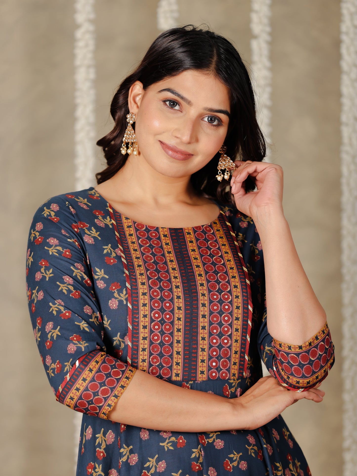 Soft Cotton Floral Anarkali Navy Blue Kurta