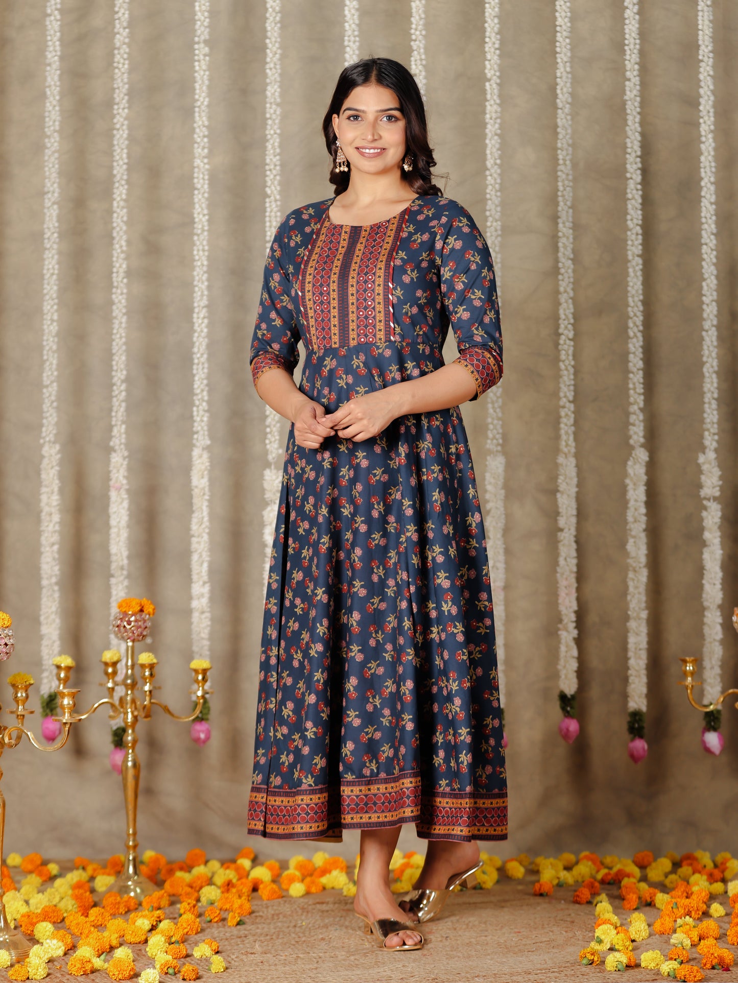 Soft Cotton Floral Anarkali Navy Blue Kurta
