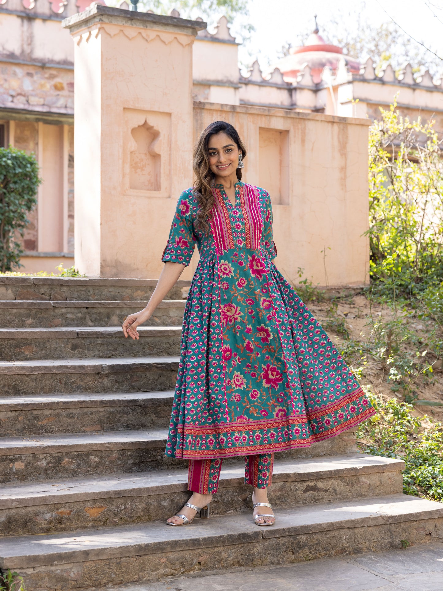 Embroidered Soft Cotton Block Print Flared Sea Green Kurta