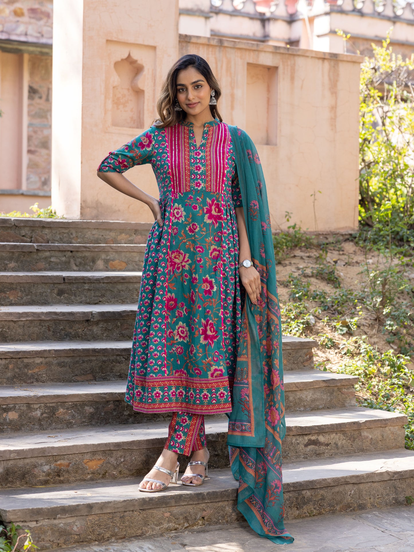 Embroidered Soft Cotton Block Print Flared Sea Green Kurta