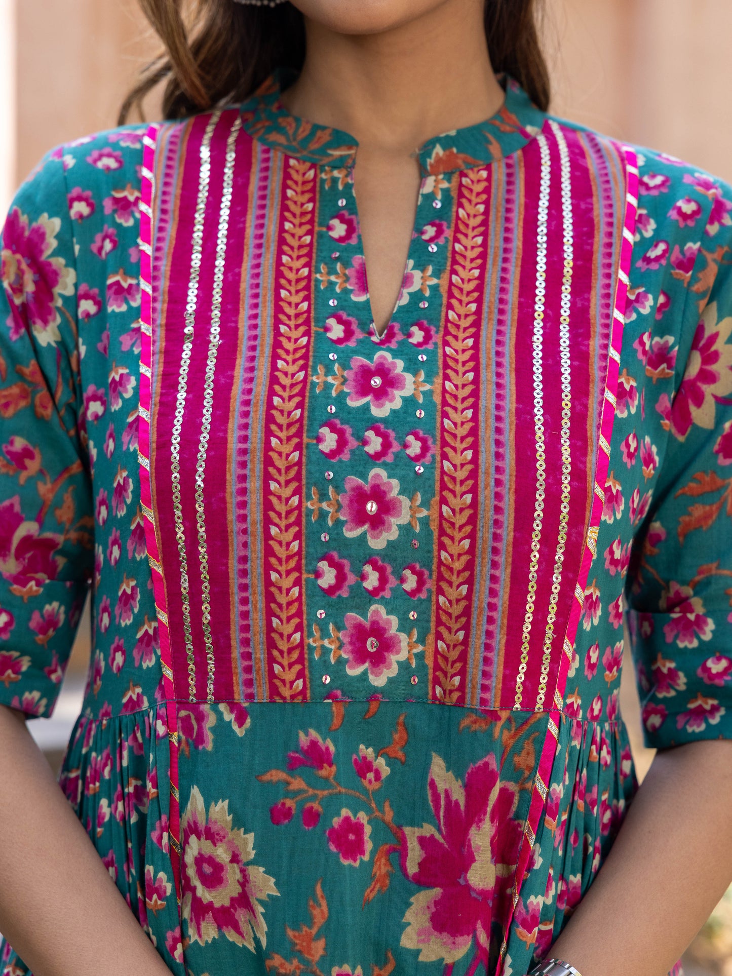 Embroidered Soft Cotton Block Print Flared Sea Green Kurta