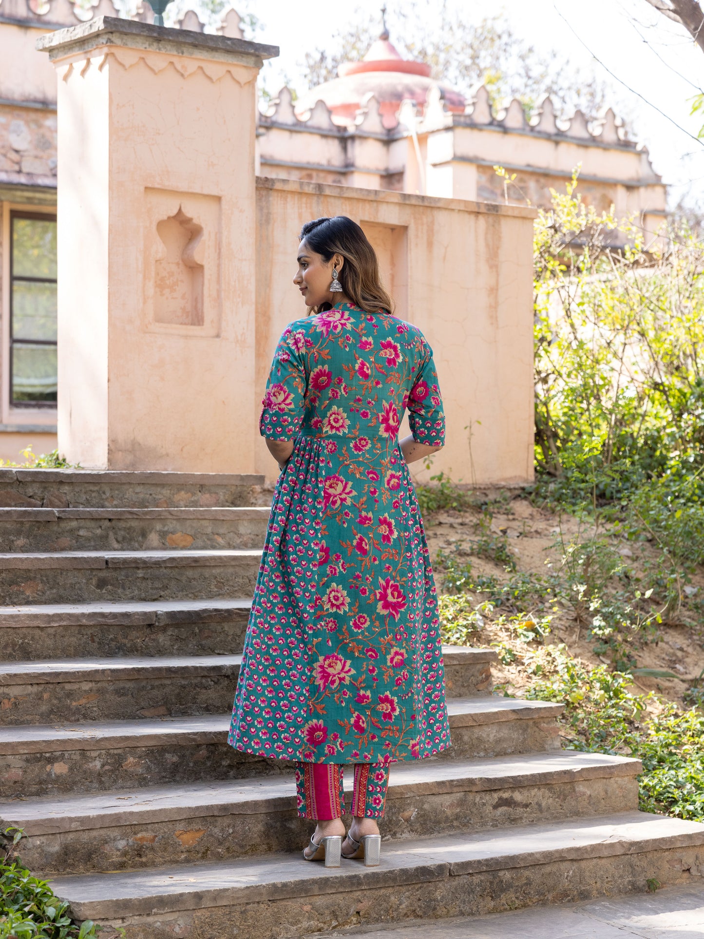 Embroidered Soft Cotton Block Print Flared Sea Green Kurta