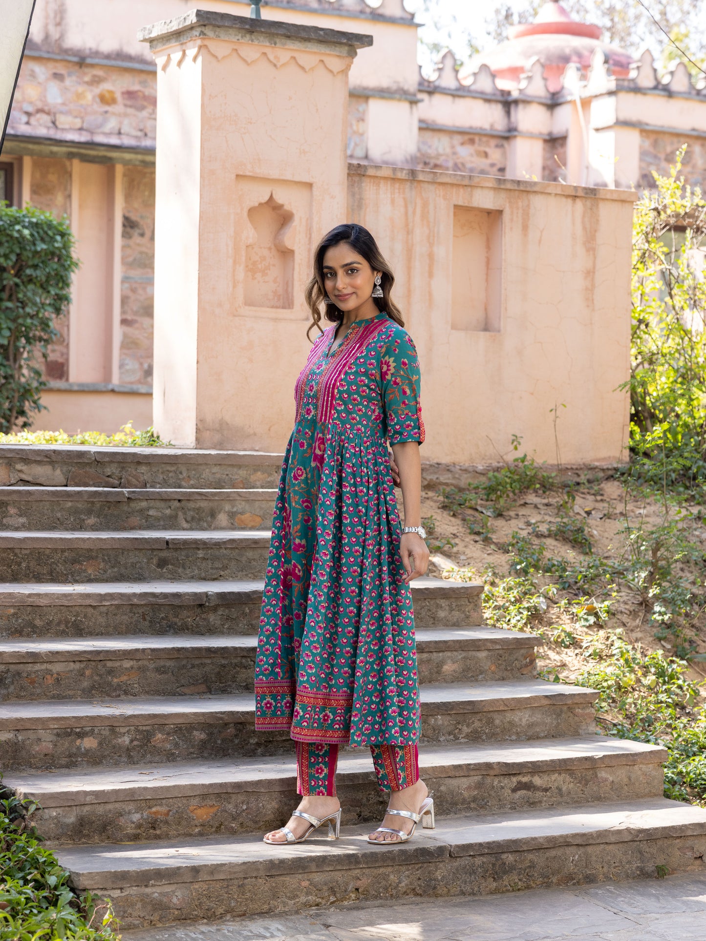 Embroidered Soft Cotton Block Print Flared Sea Green Kurta