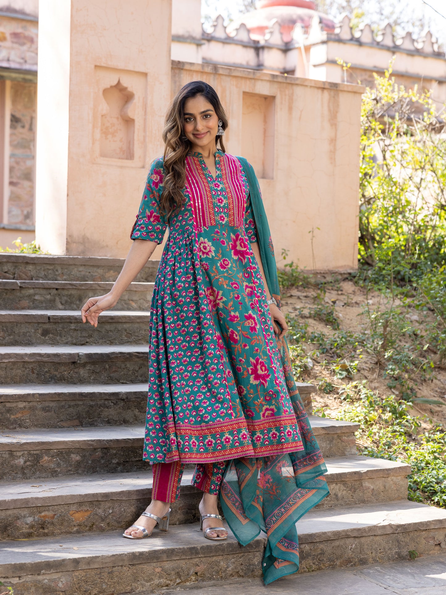 Embroidered Soft Cotton Block Print Flared Sea Green Kurta