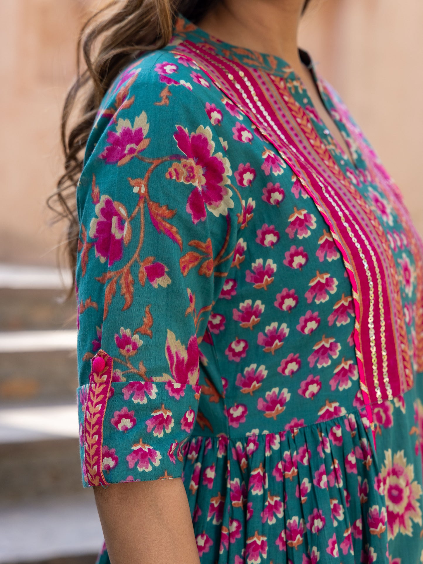 Embroidered Soft Cotton Block Print Flared Sea Green Kurta