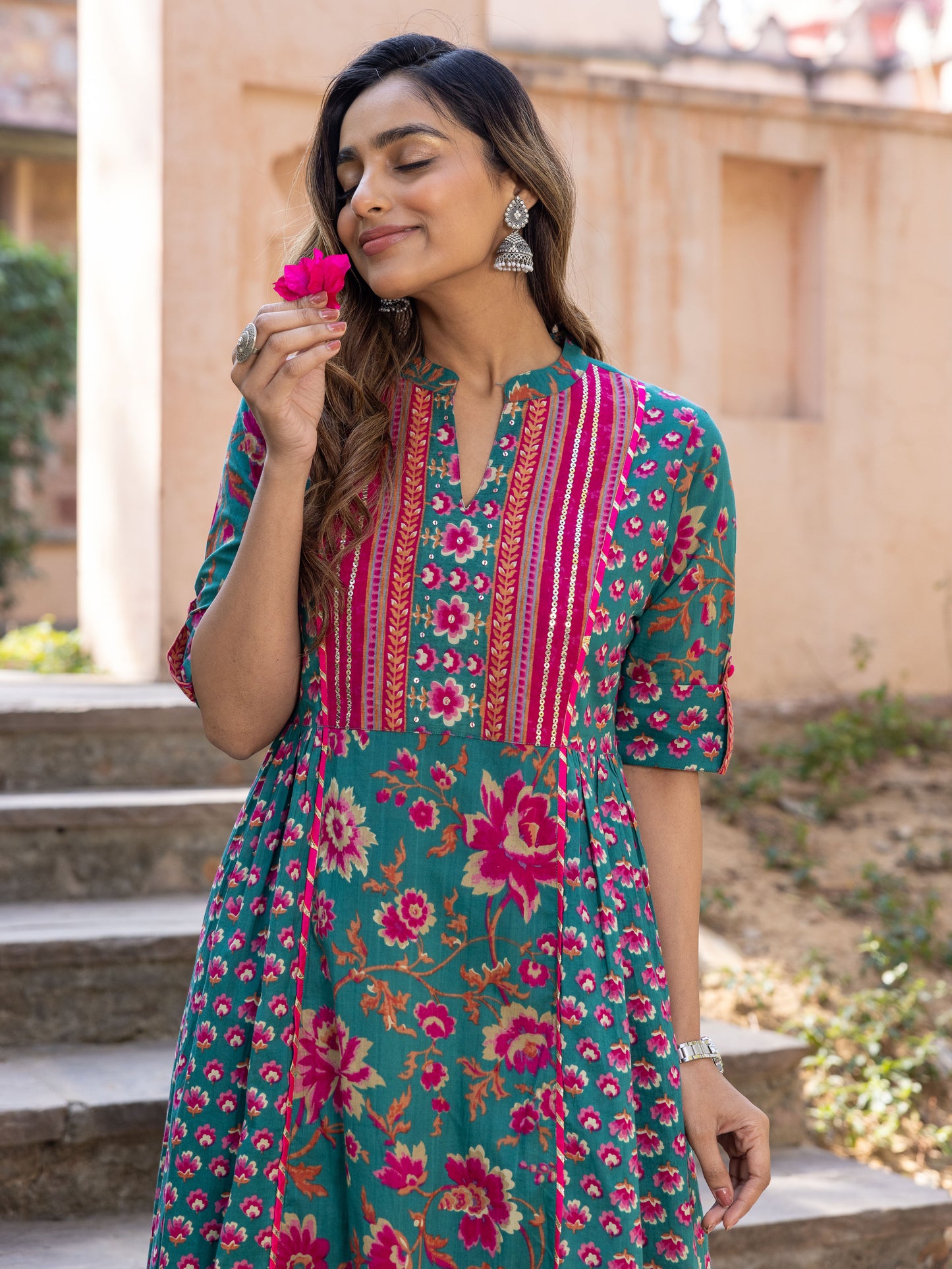 Embroidered Soft Cotton Block Print Flared Sea Green Kurta