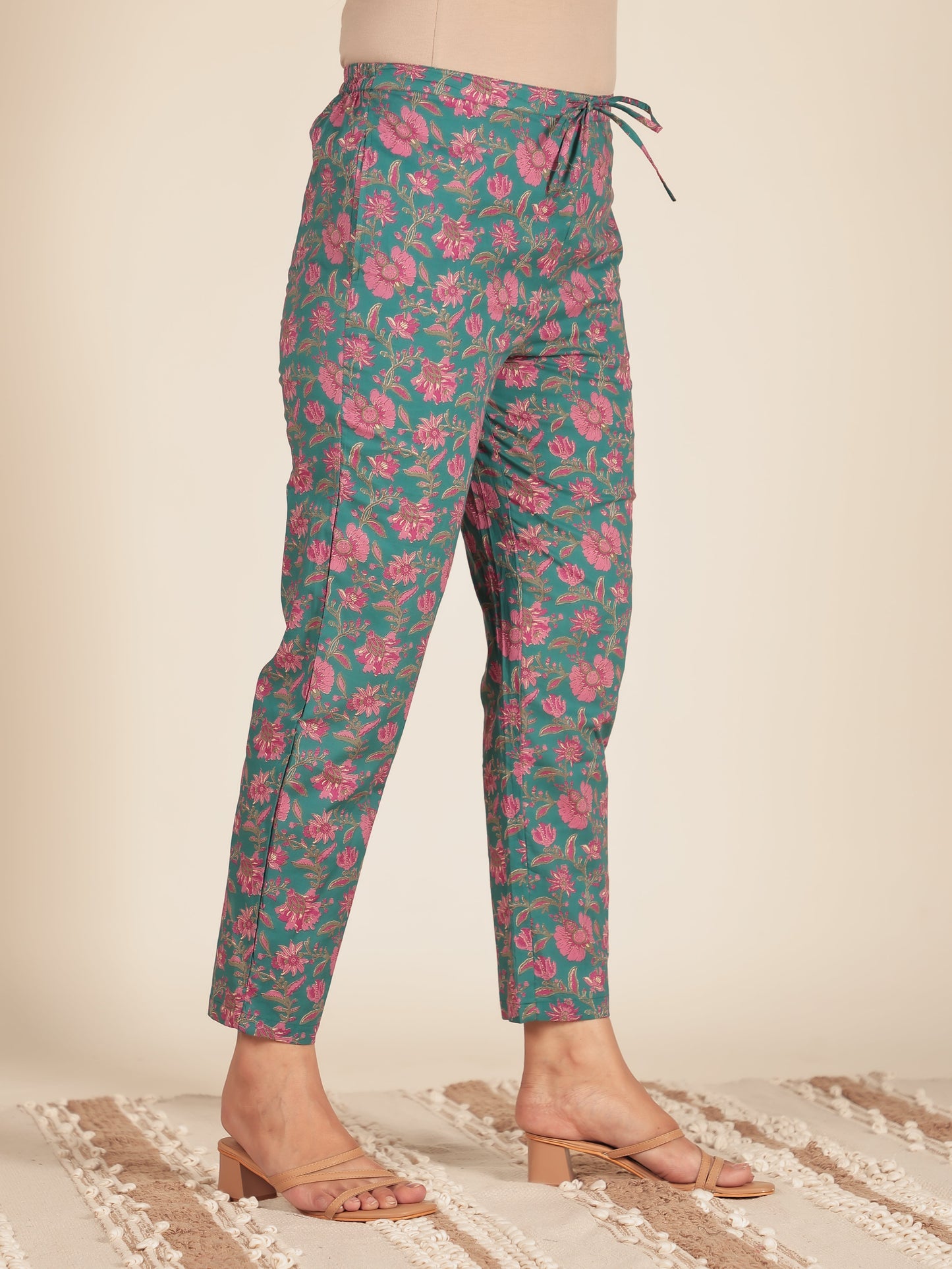 Soft Cotton Floral Green Tapered Trousers