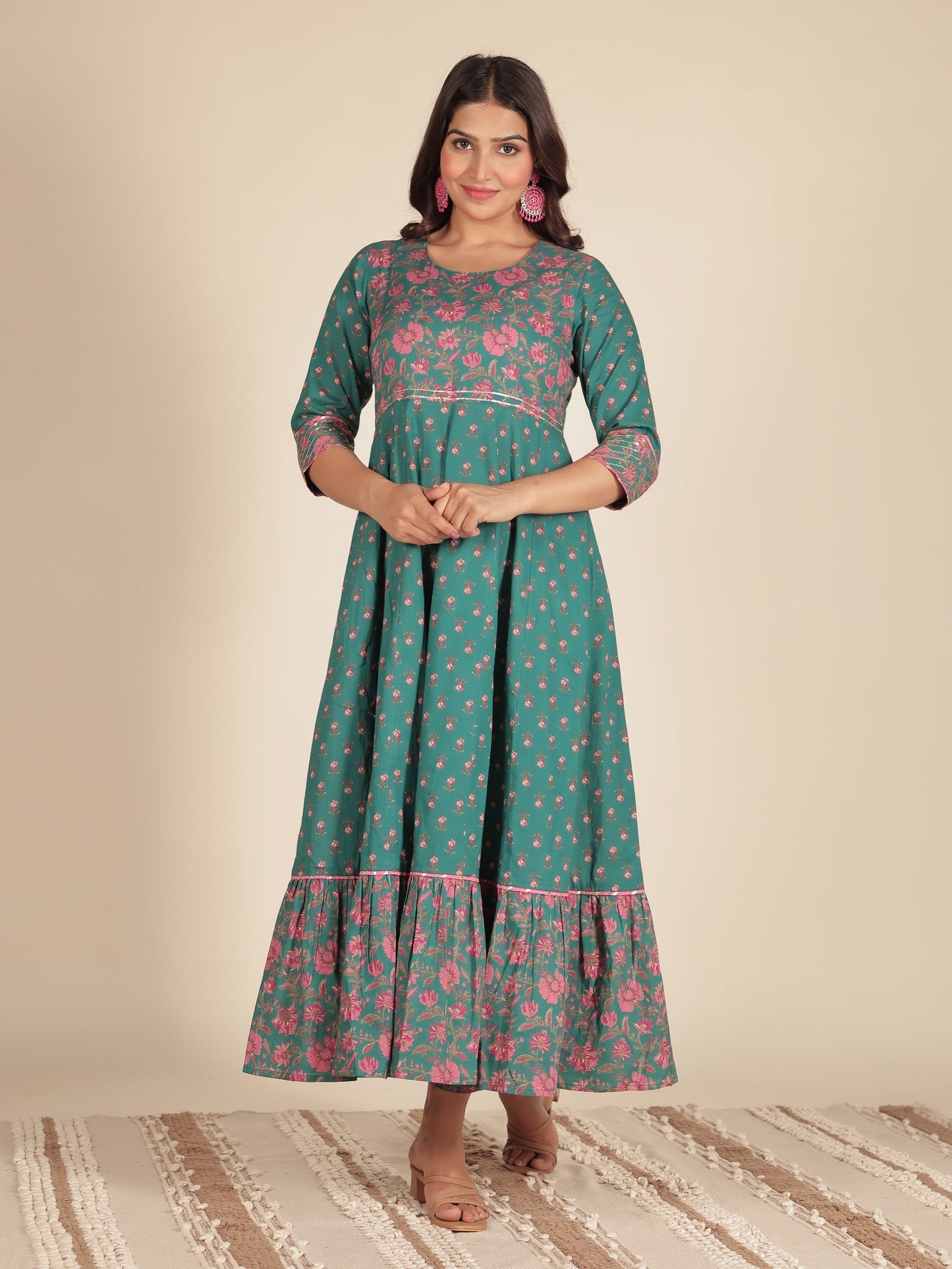 Soft Cotton Floral Anarkali Green Kurta