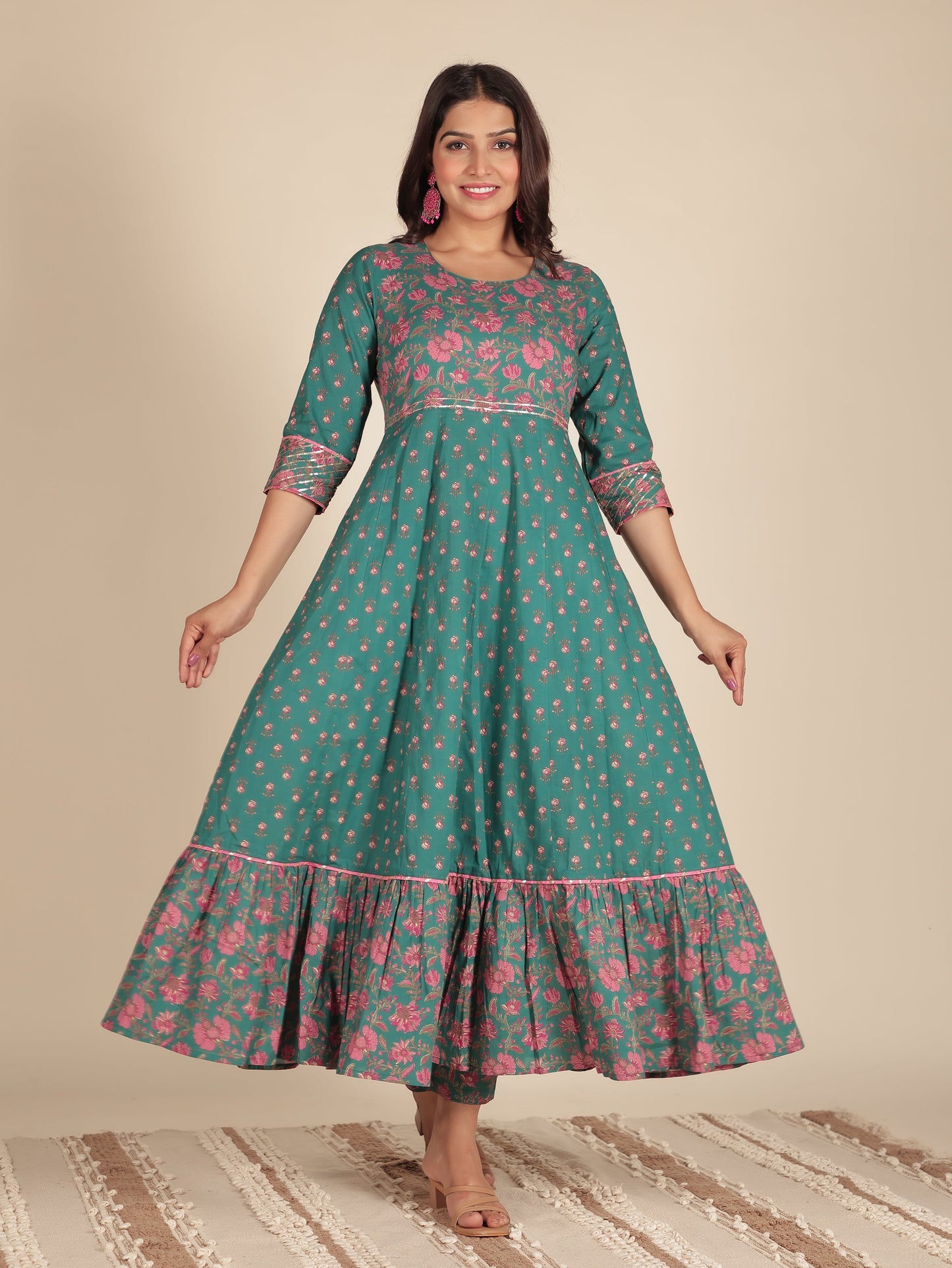 Soft Cotton Floral Anarkali Green Kurta