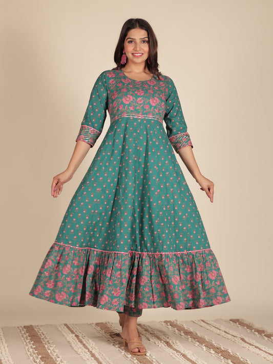Soft Cotton Floral Anarkali Green Kurta