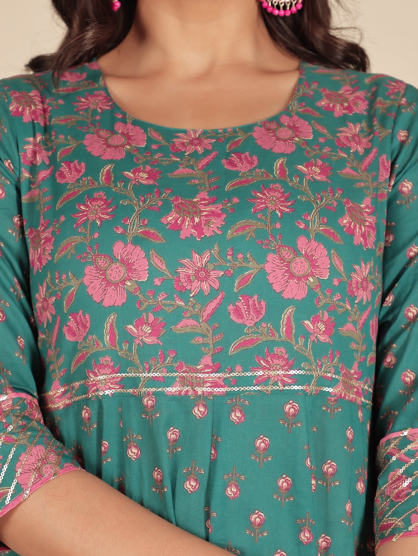 Soft Cotton Floral Anarkali Green Kurta