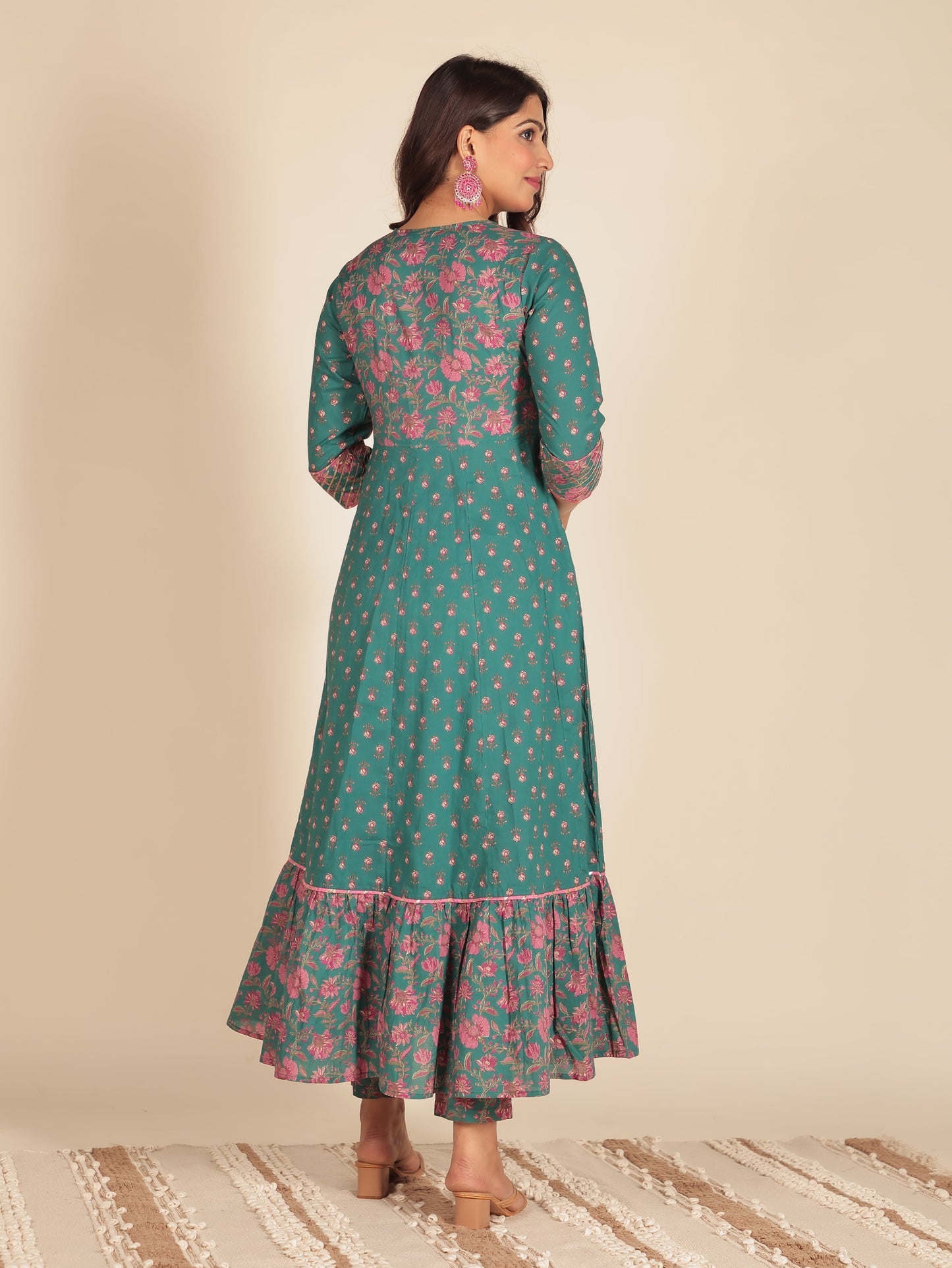 Soft Cotton Floral Anarkali Green Kurta