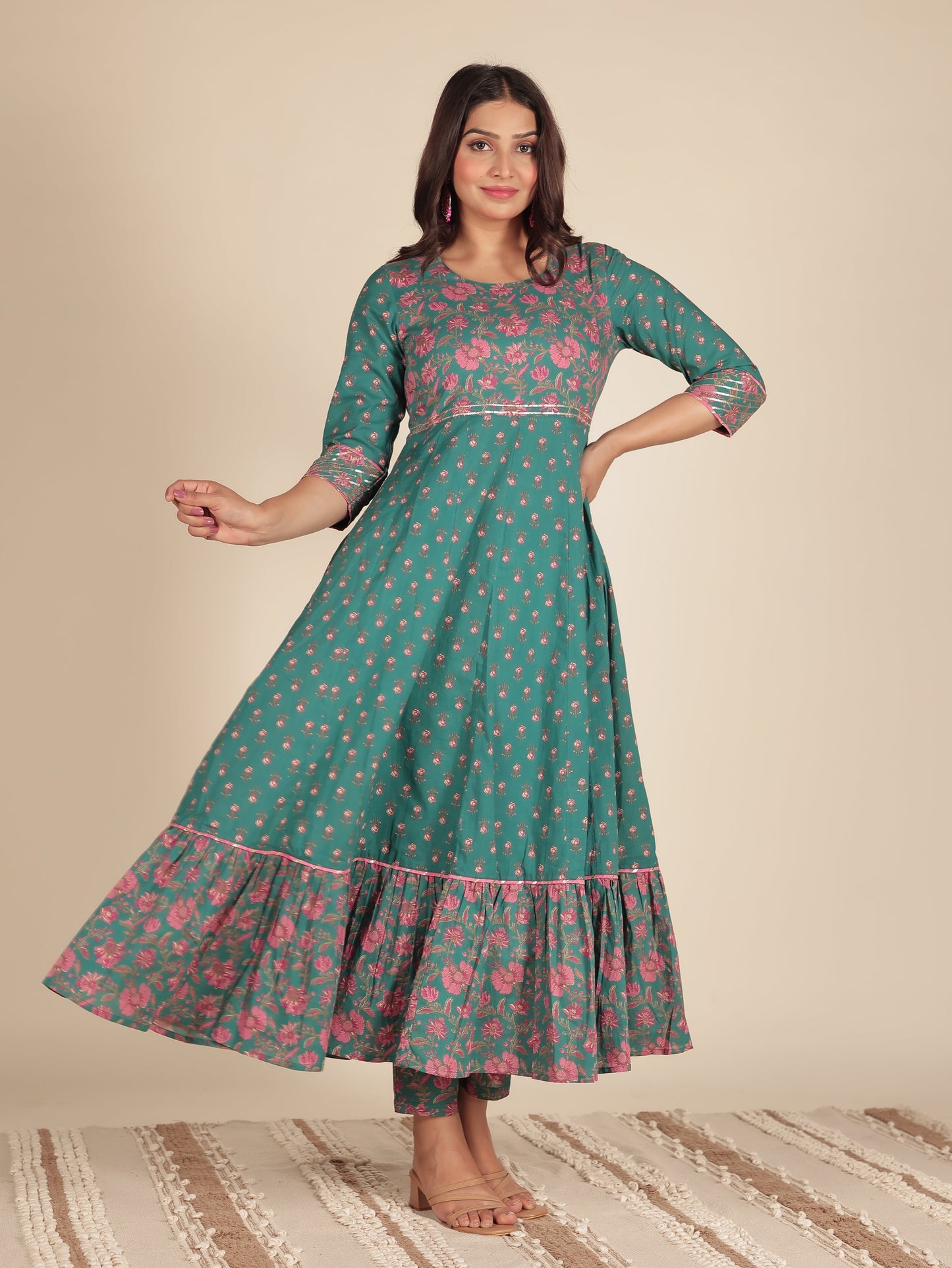 Soft Cotton Floral Anarkali Green Kurta