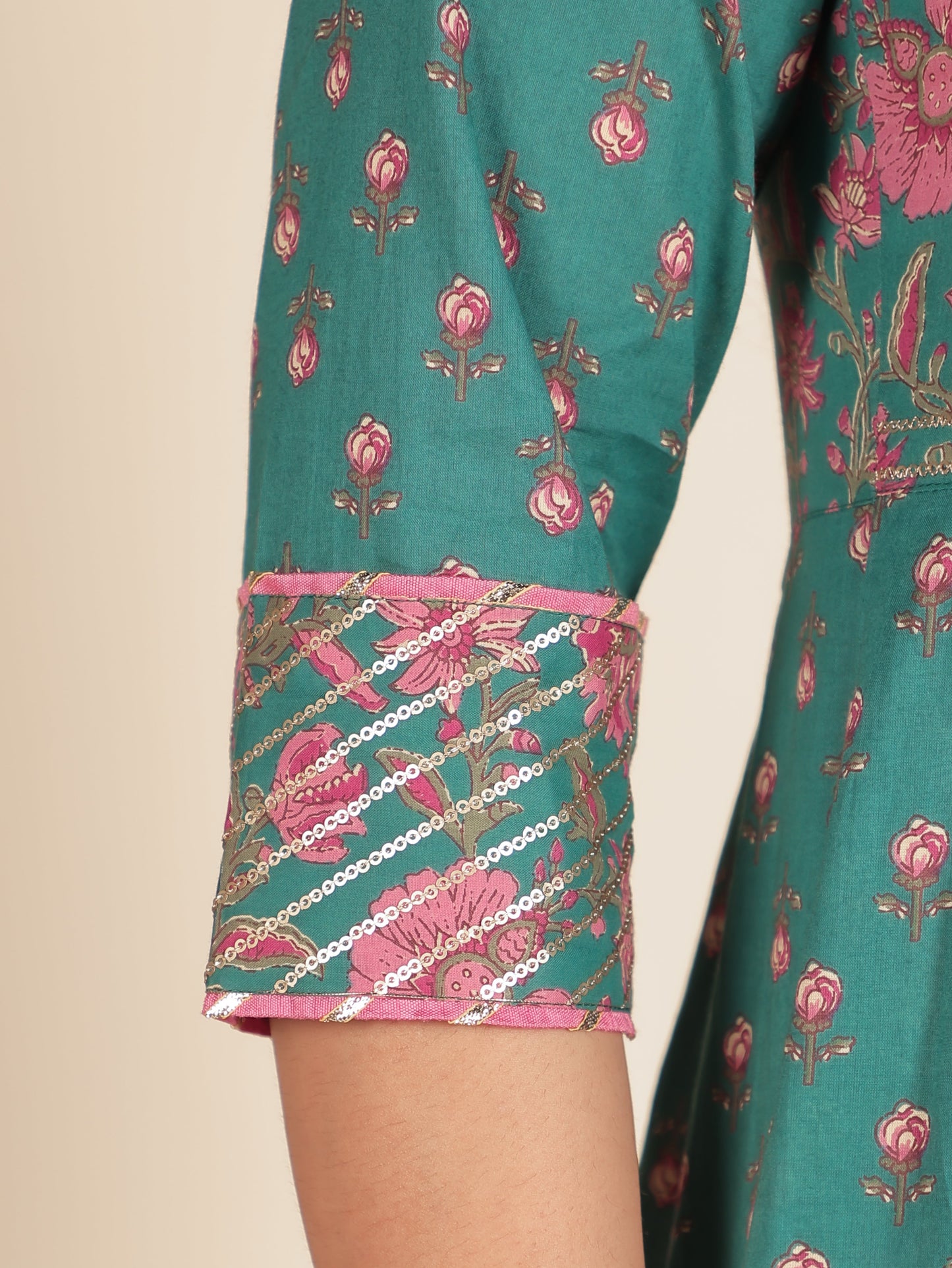 Soft Cotton Floral Anarkali Green Kurta