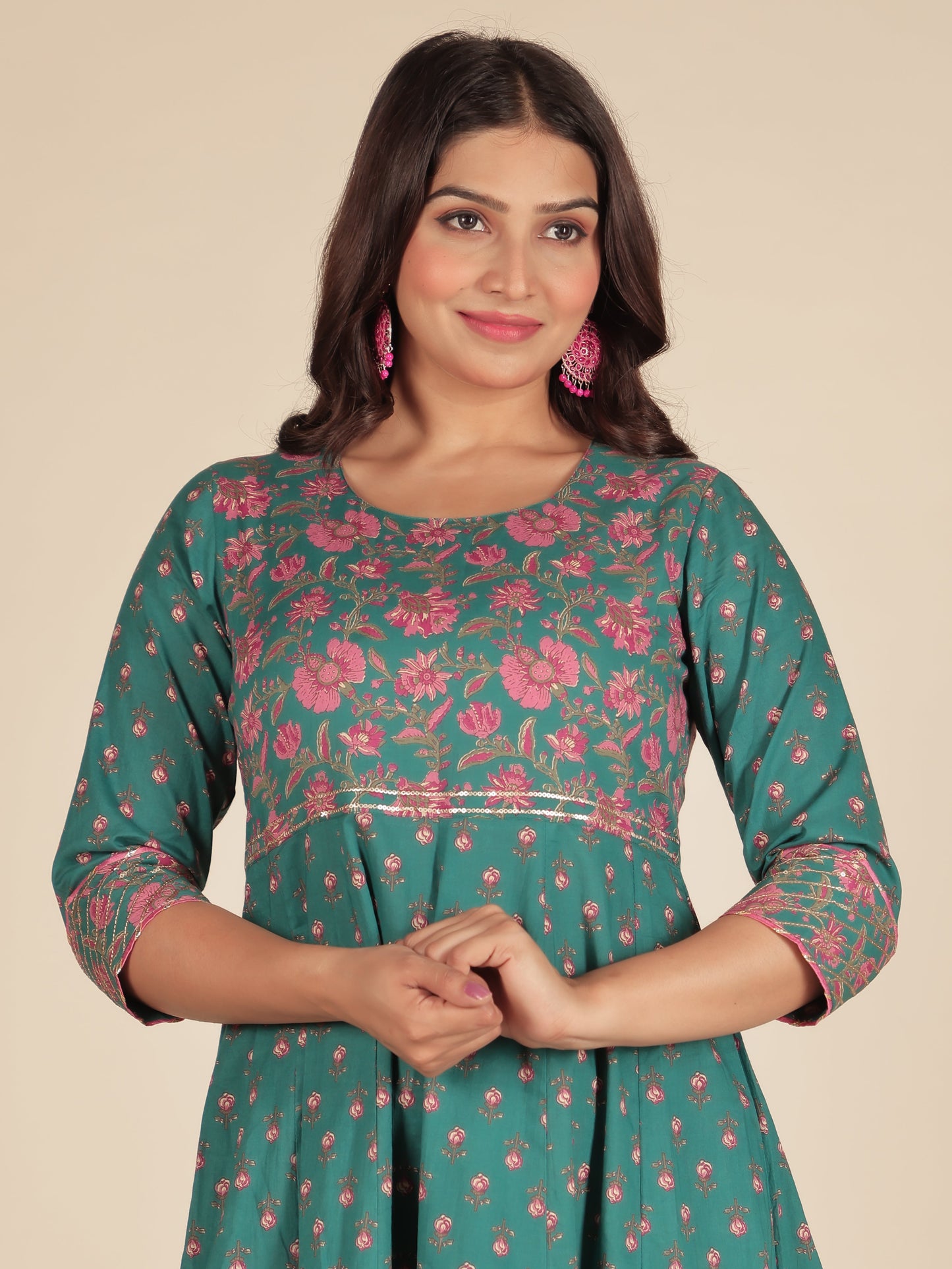 Soft Cotton Floral Anarkali Green Kurta