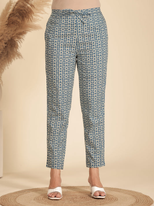 Soft Cotton Geometric Blue Tapered Trousers