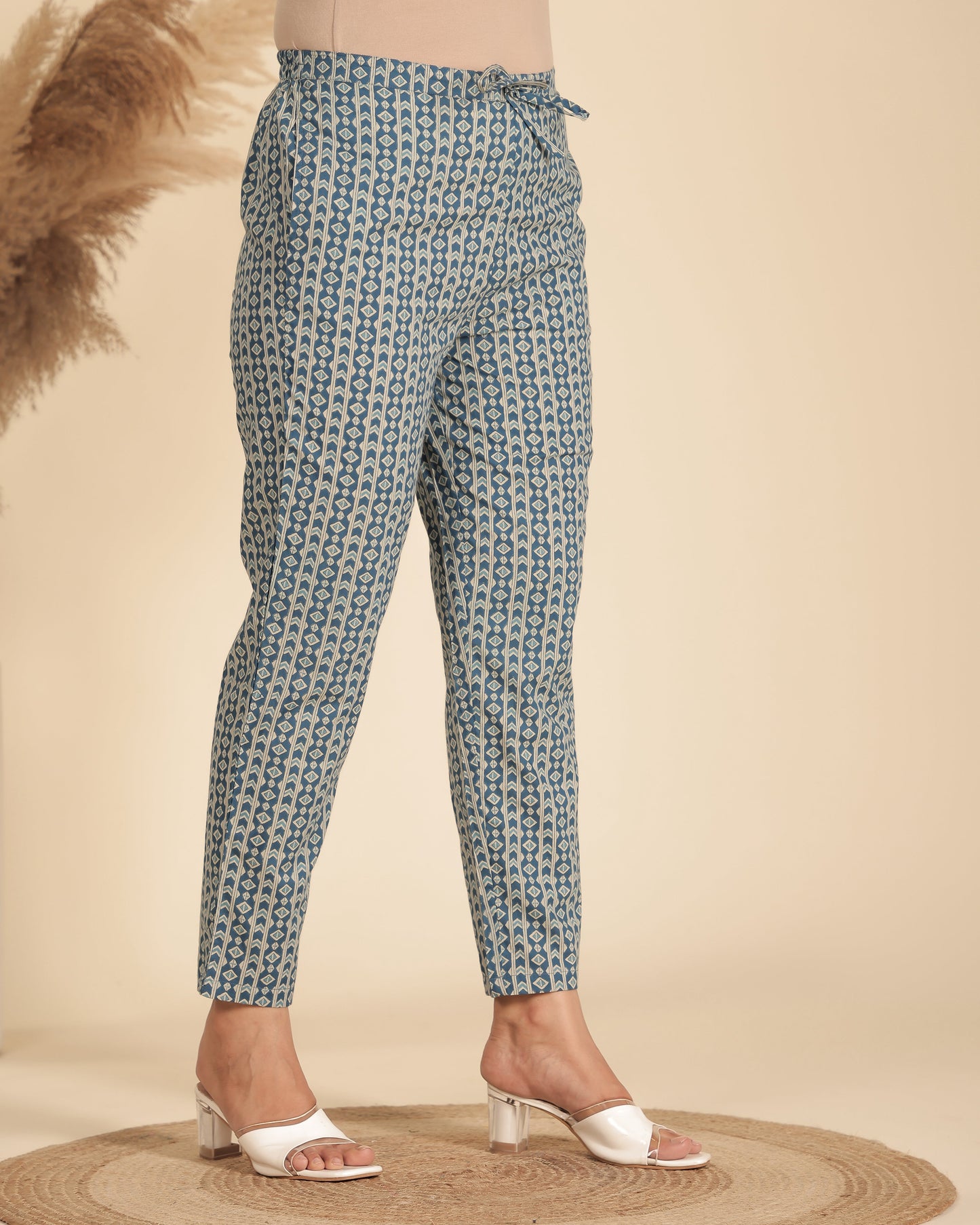 Soft Cotton Geometric Blue Tapered Trousers