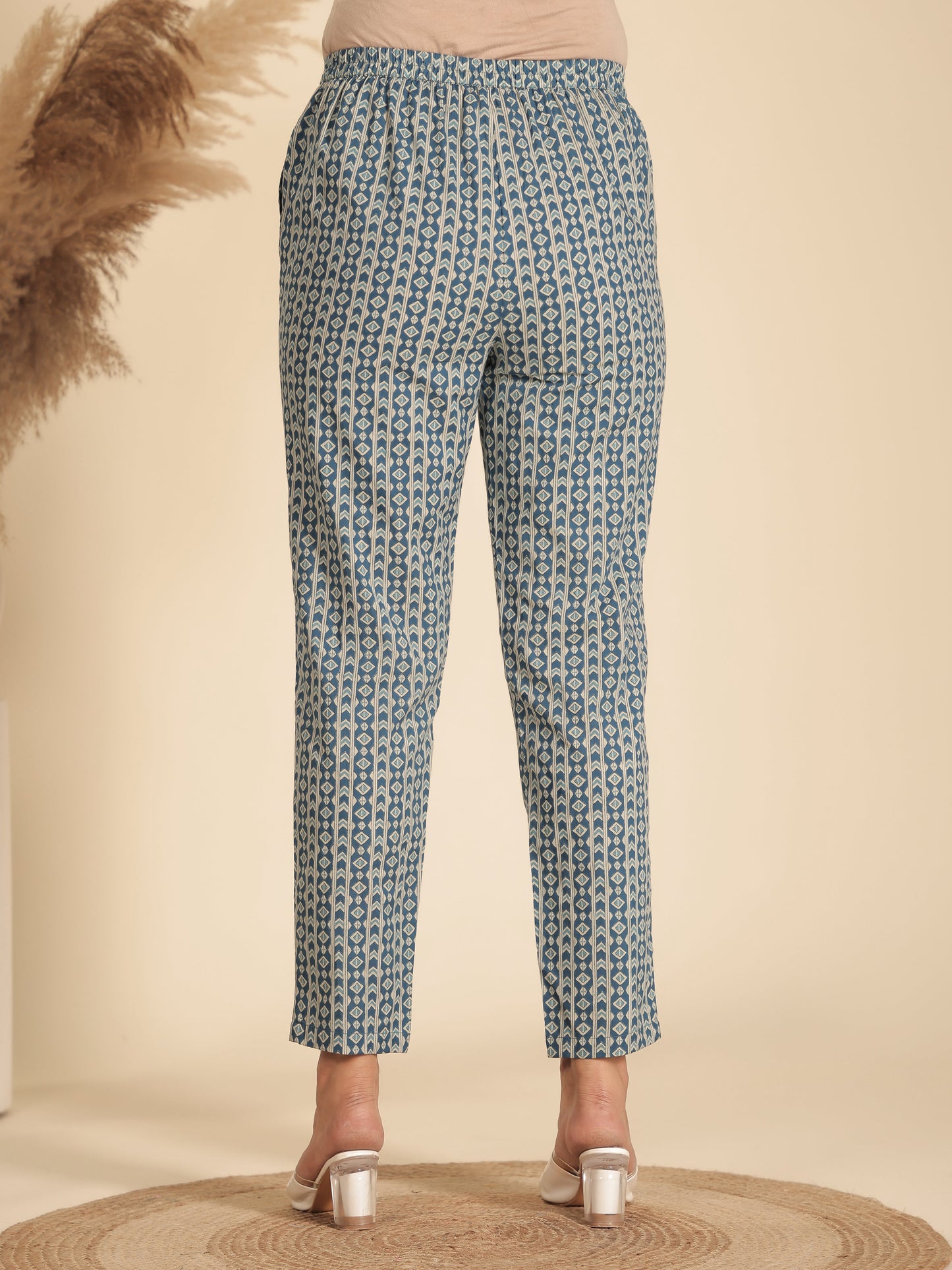 Soft Cotton Geometric Blue Tapered Trousers