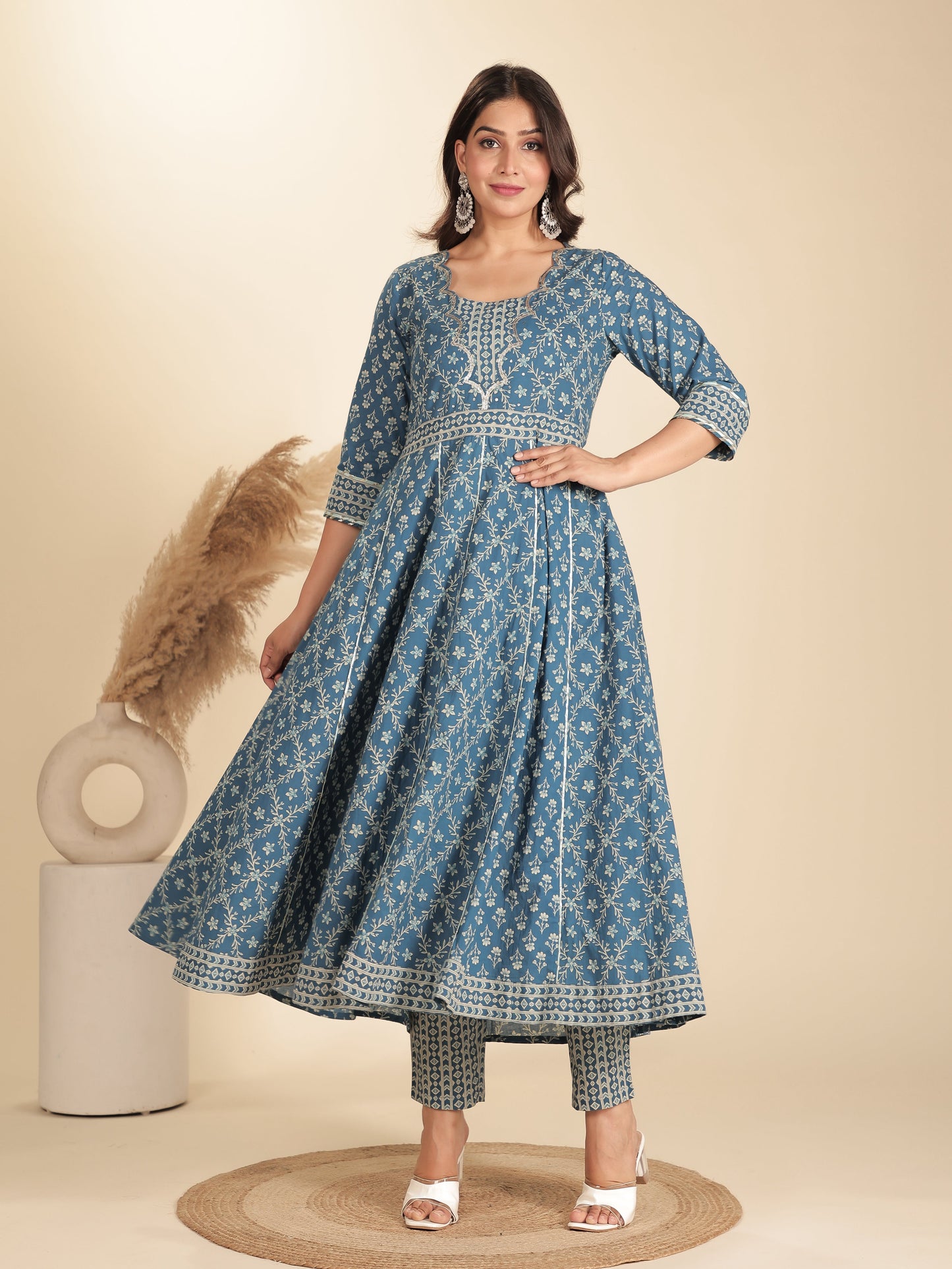 Soft Cotton Floral Flared Blue Kurta