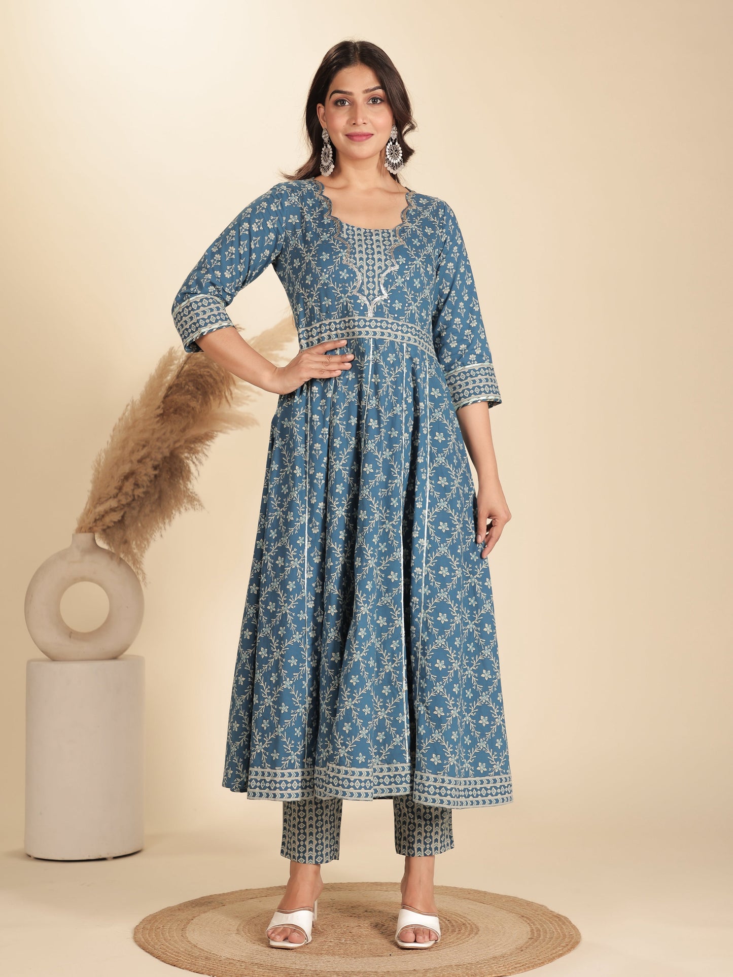 Soft Cotton Floral Flared Blue Kurta