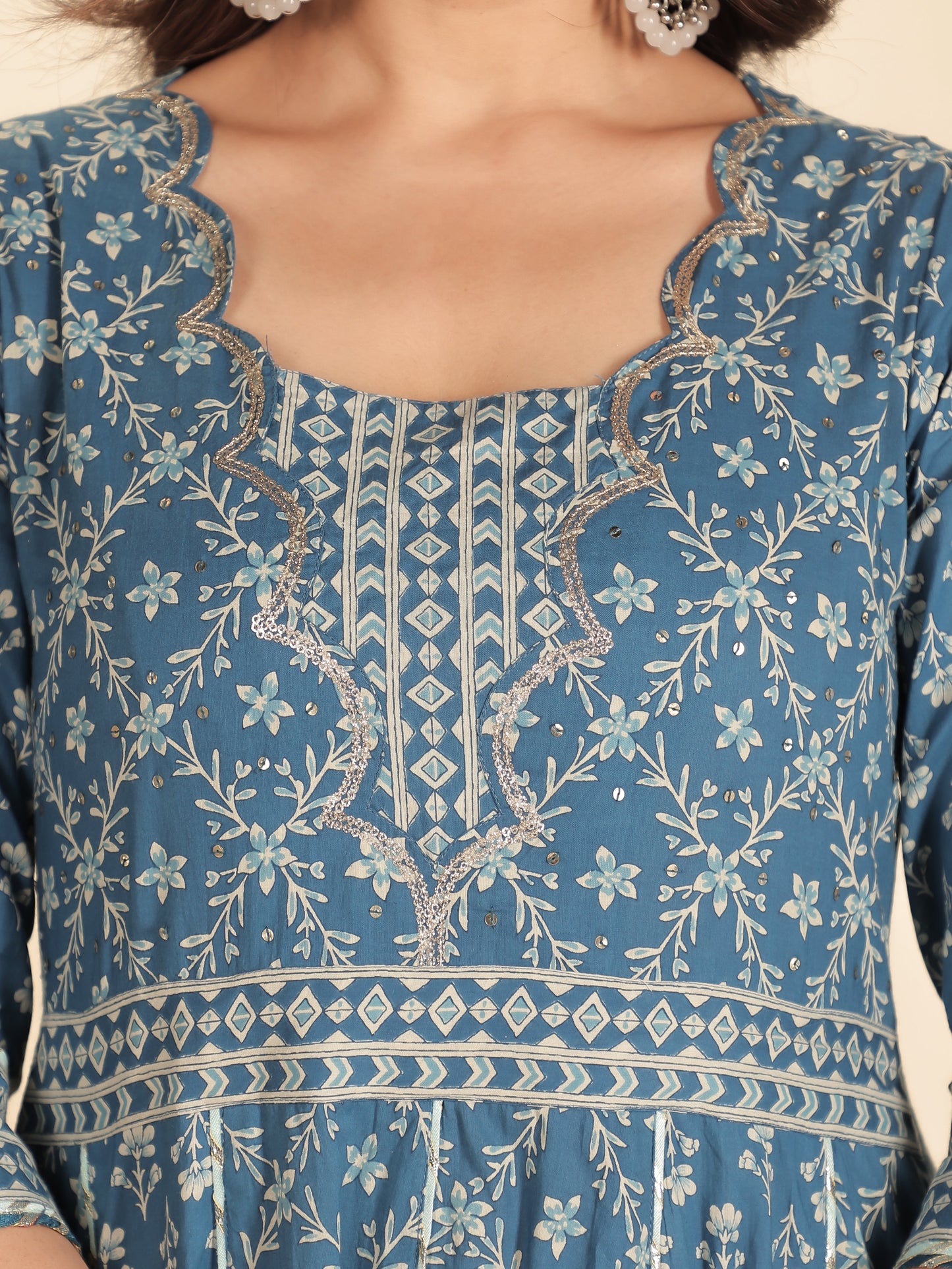 Soft Cotton Floral Flared Blue Kurta