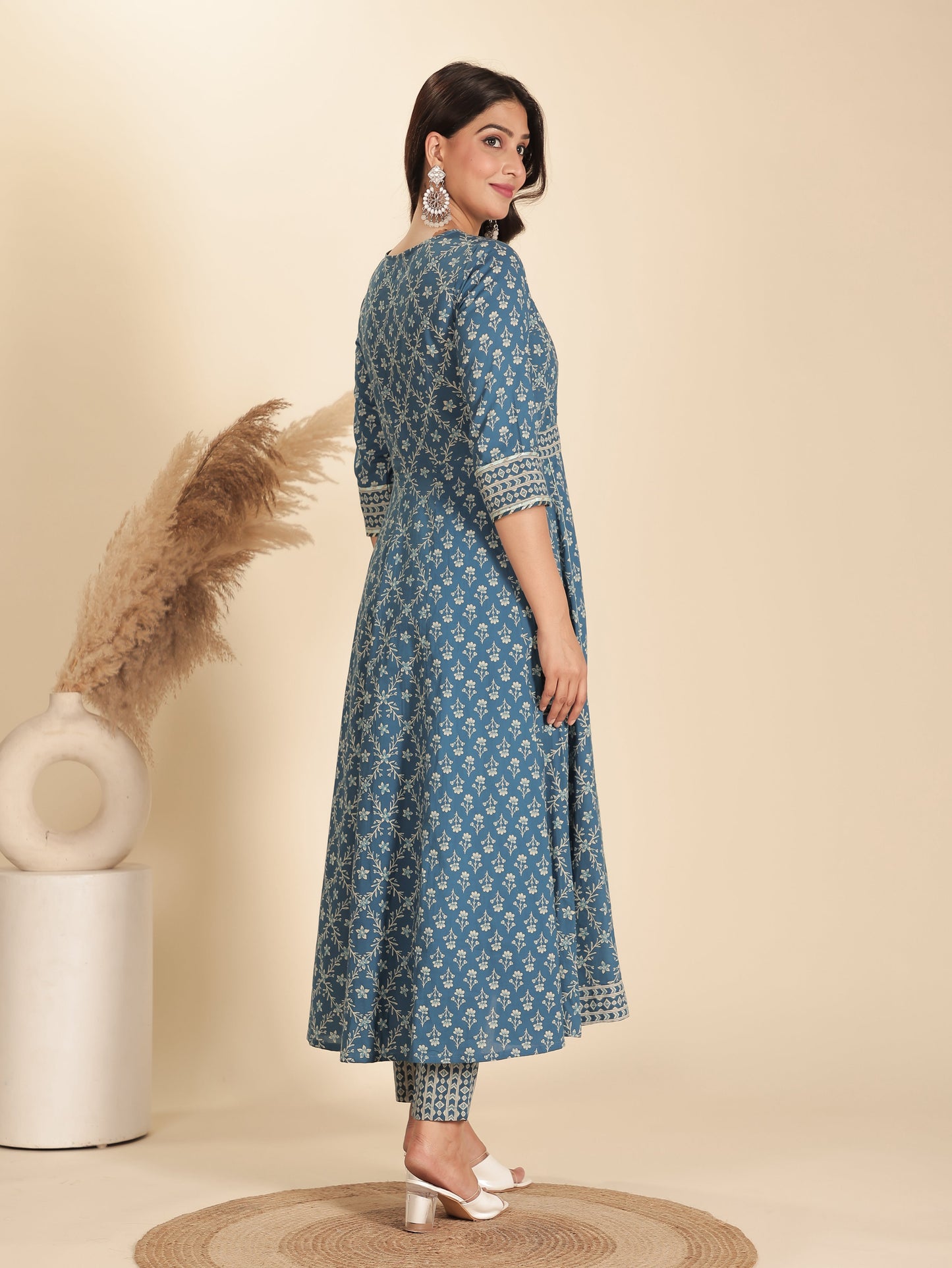 Soft Cotton Floral Flared Blue Kurta