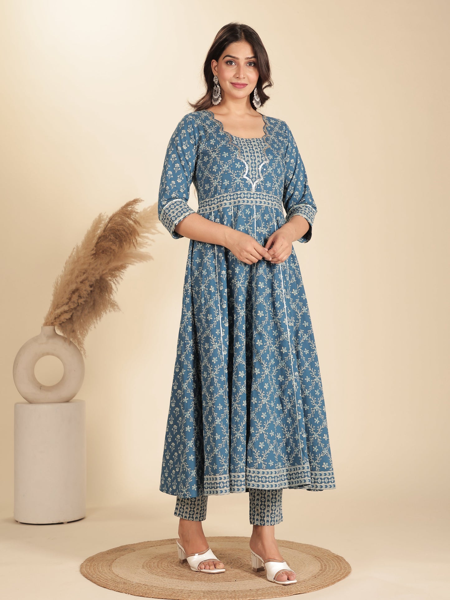 Soft Cotton Floral Flared Blue Kurta
