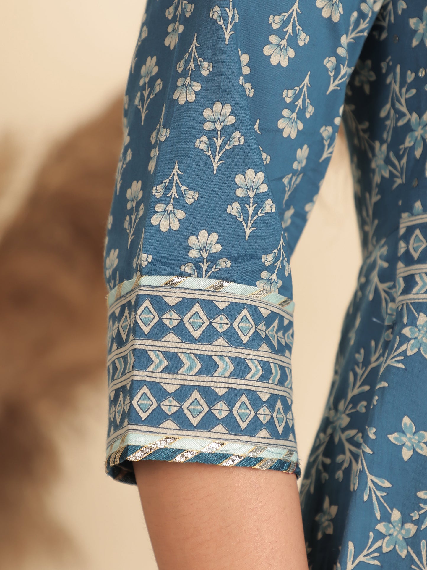 Soft Cotton Floral Flared Blue Kurta