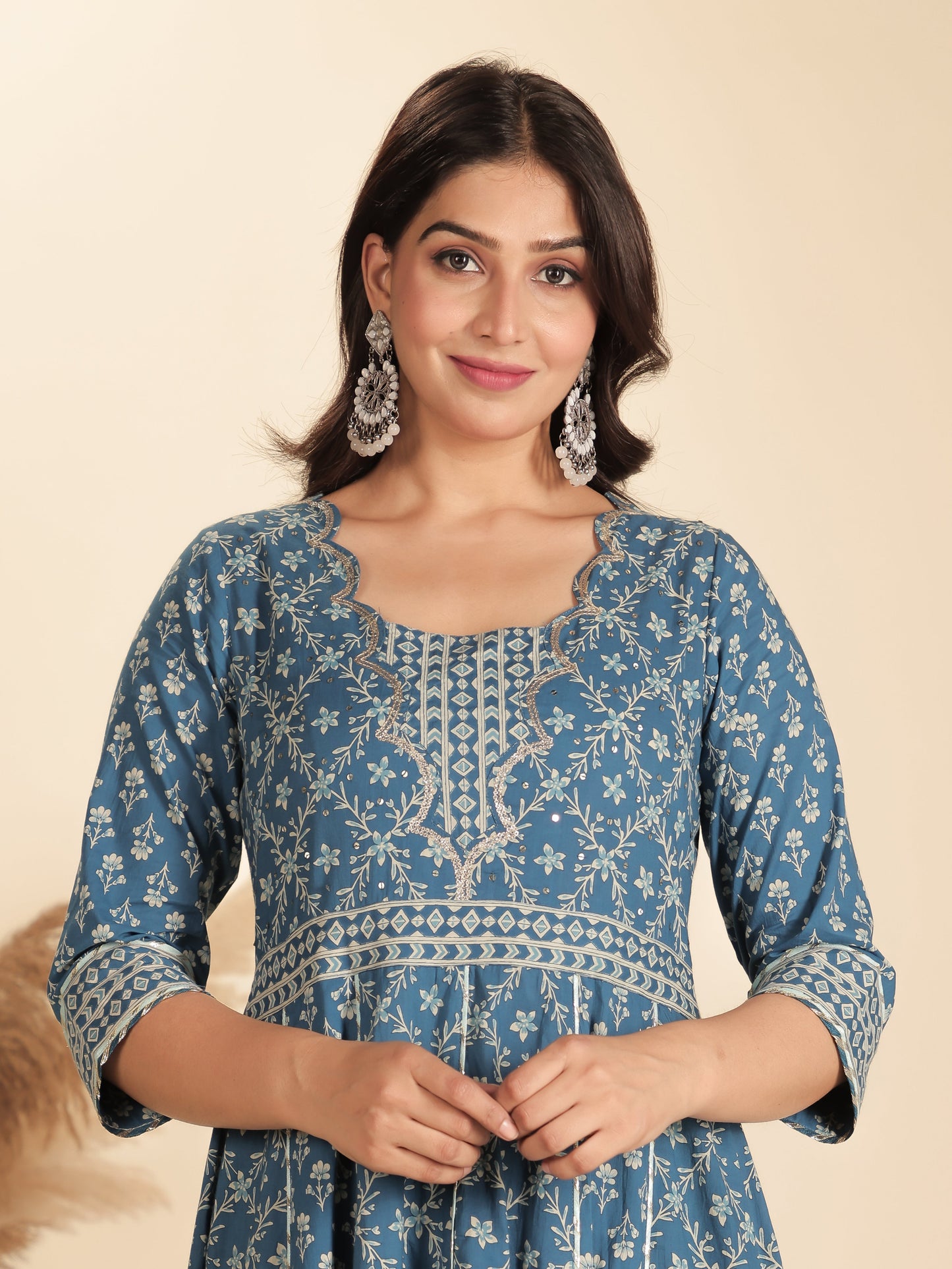 Soft Cotton Floral Flared Blue Kurta