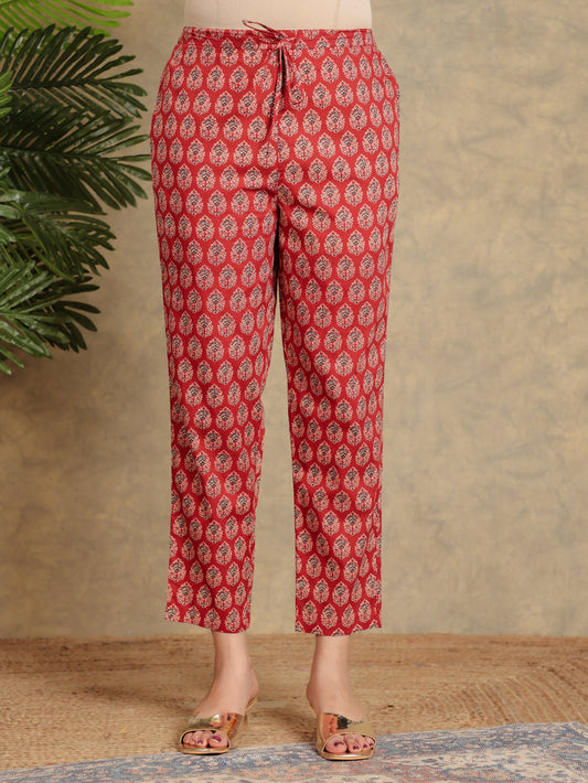 Soft Cotton Butti Red Tapered Trousers