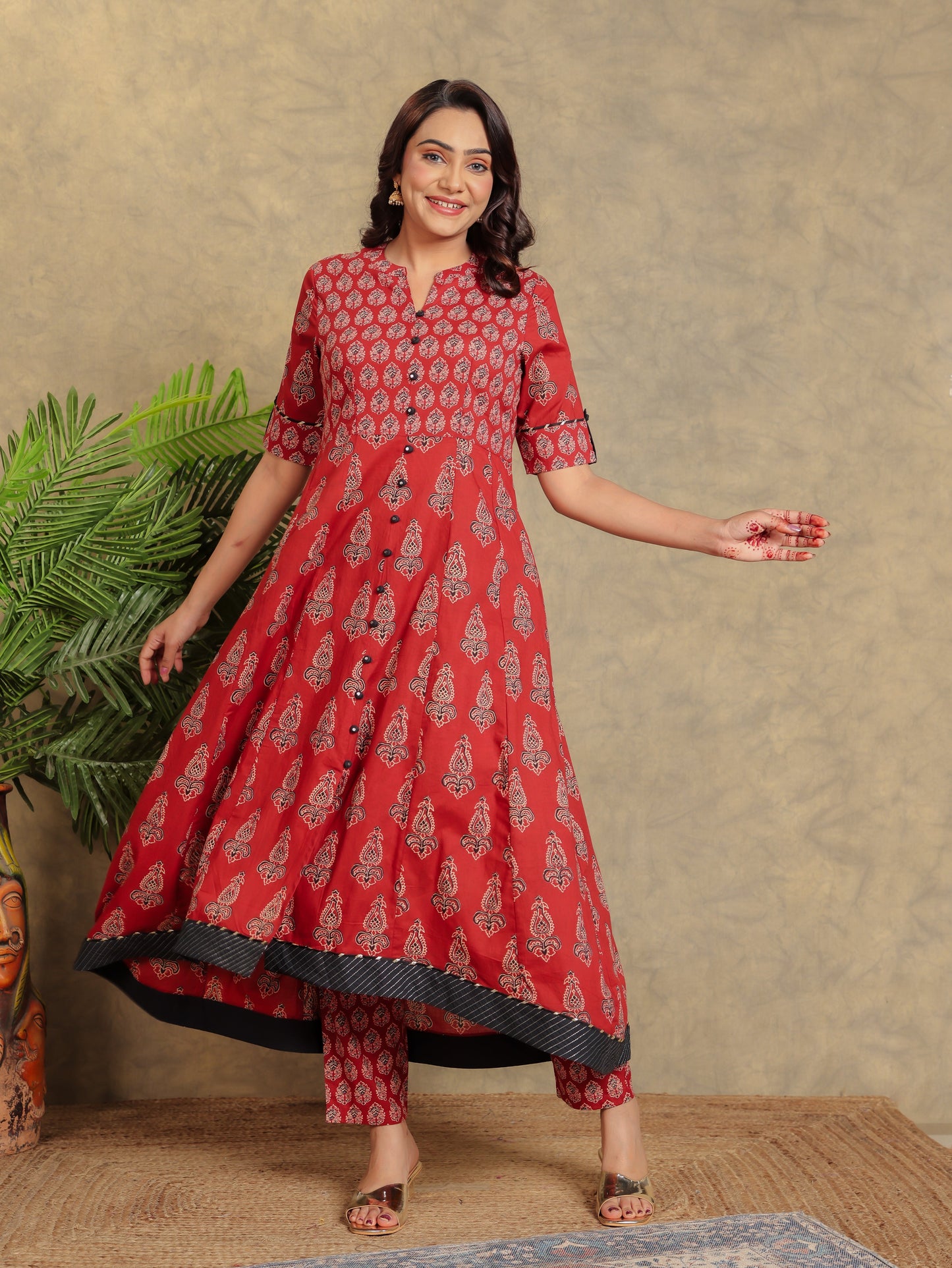 Soft Cotton Block High Low Red Kurta