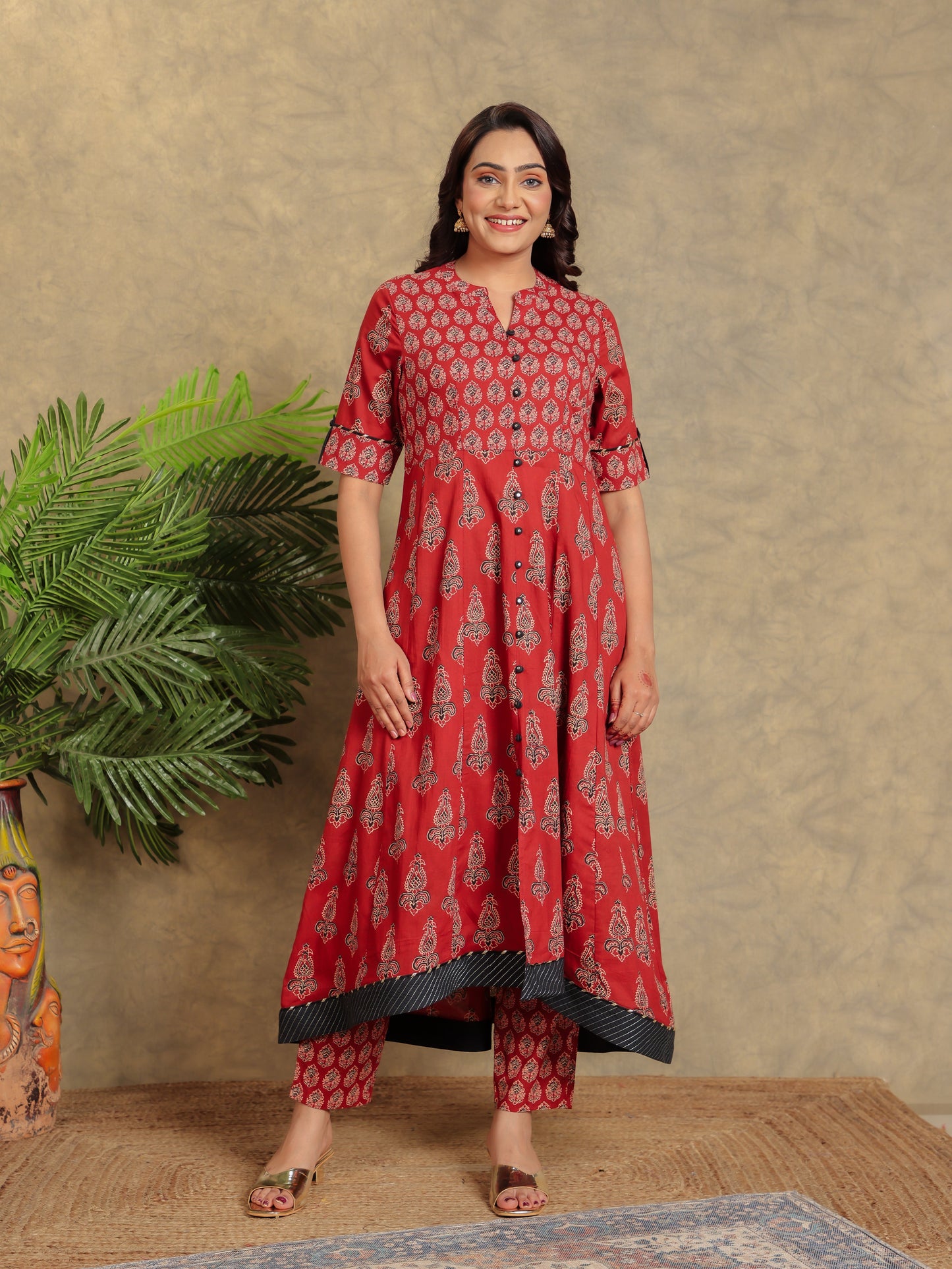 Soft Cotton Block High Low Red Kurta