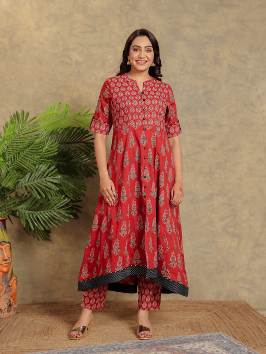 Soft Cotton Block High Low Red Kurta