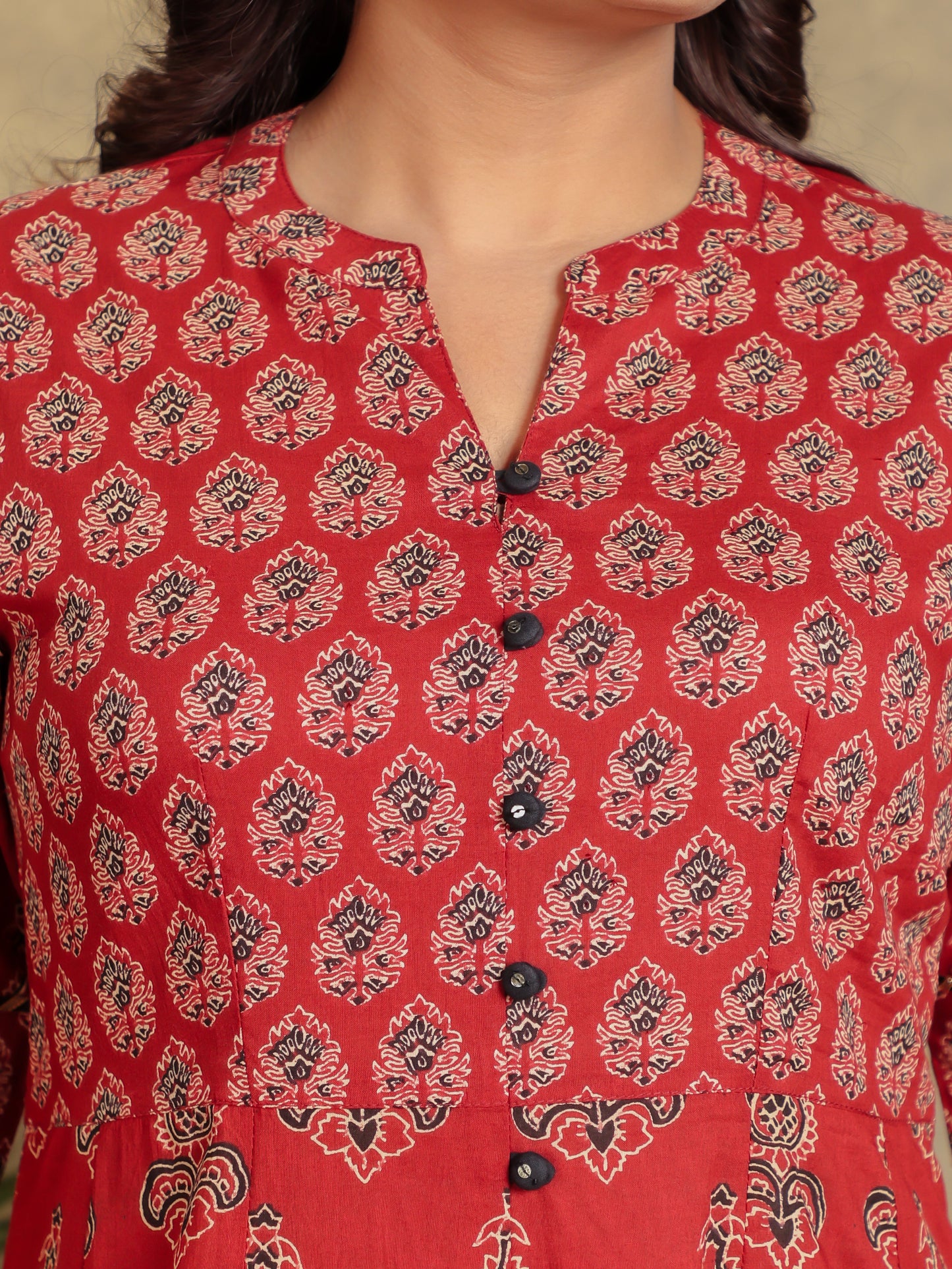 Soft Cotton Block High Low Red Kurta