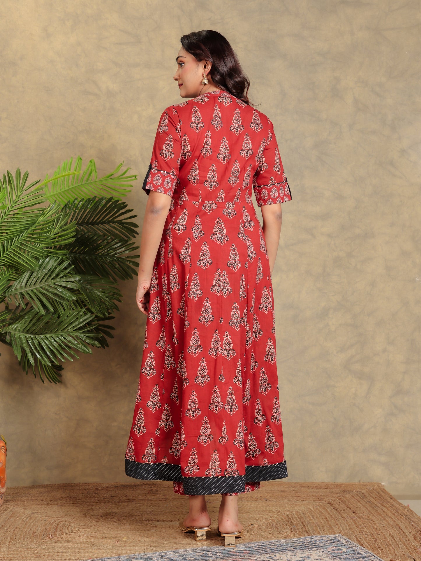 Soft Cotton Block High Low Red Kurta