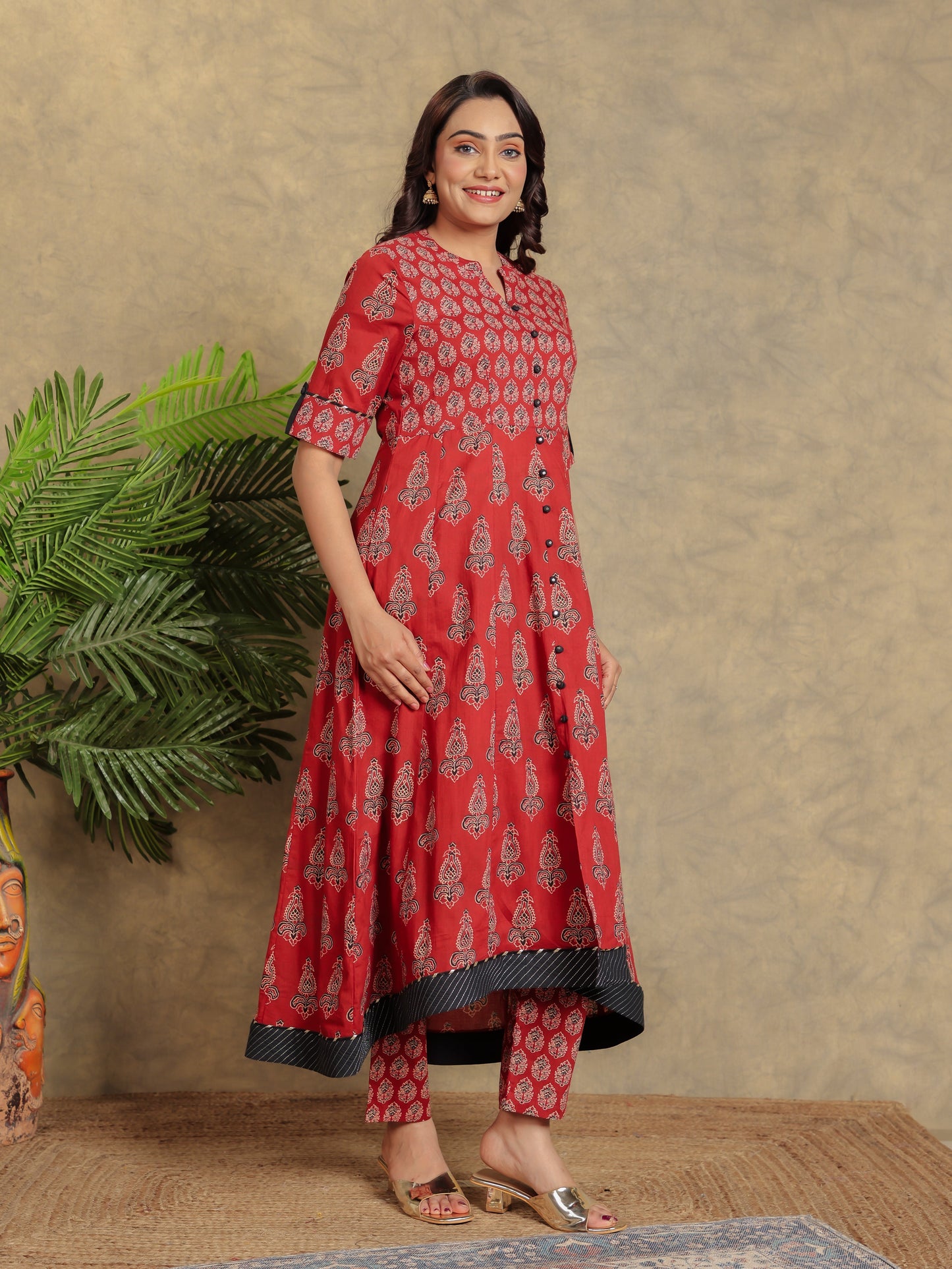 Soft Cotton Block High Low Red Kurta