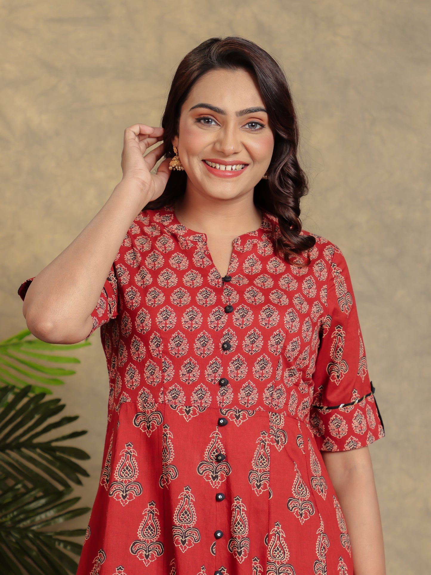 Soft Cotton Block High Low Red Kurta