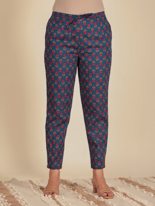 Soft Cotton Block Blue Tapered Trousers