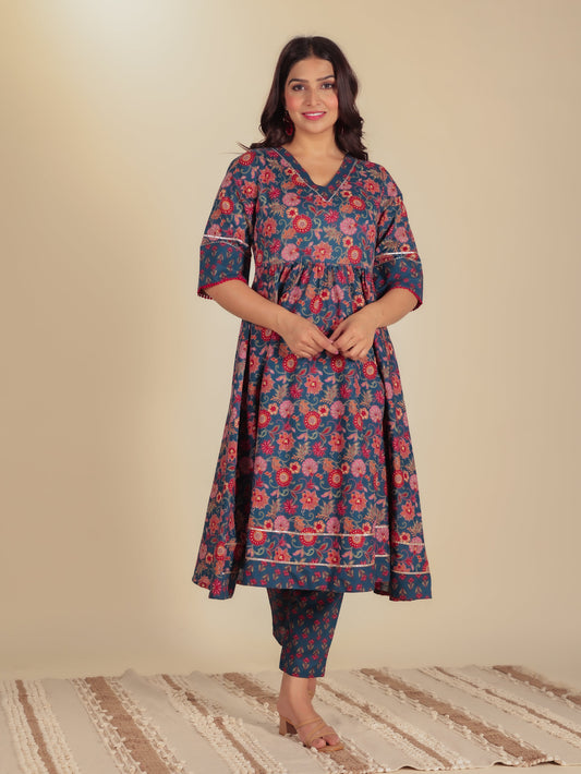 Soft Cotton Floral Flared Blue Kurta