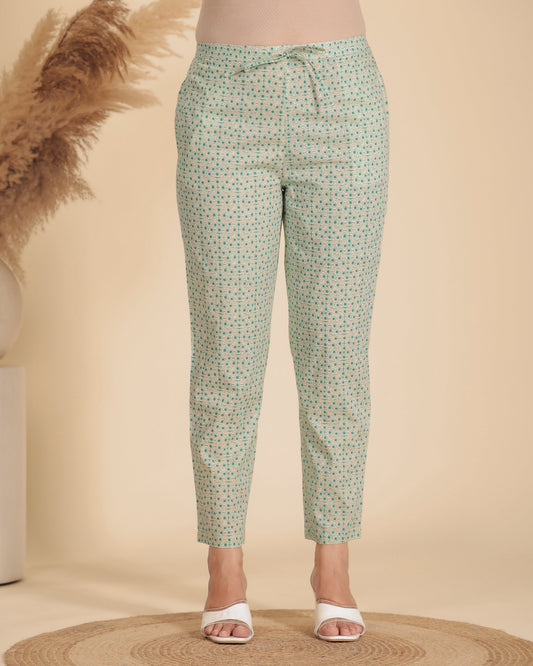 Soft Cotton Geometric Green Tapered Trousers