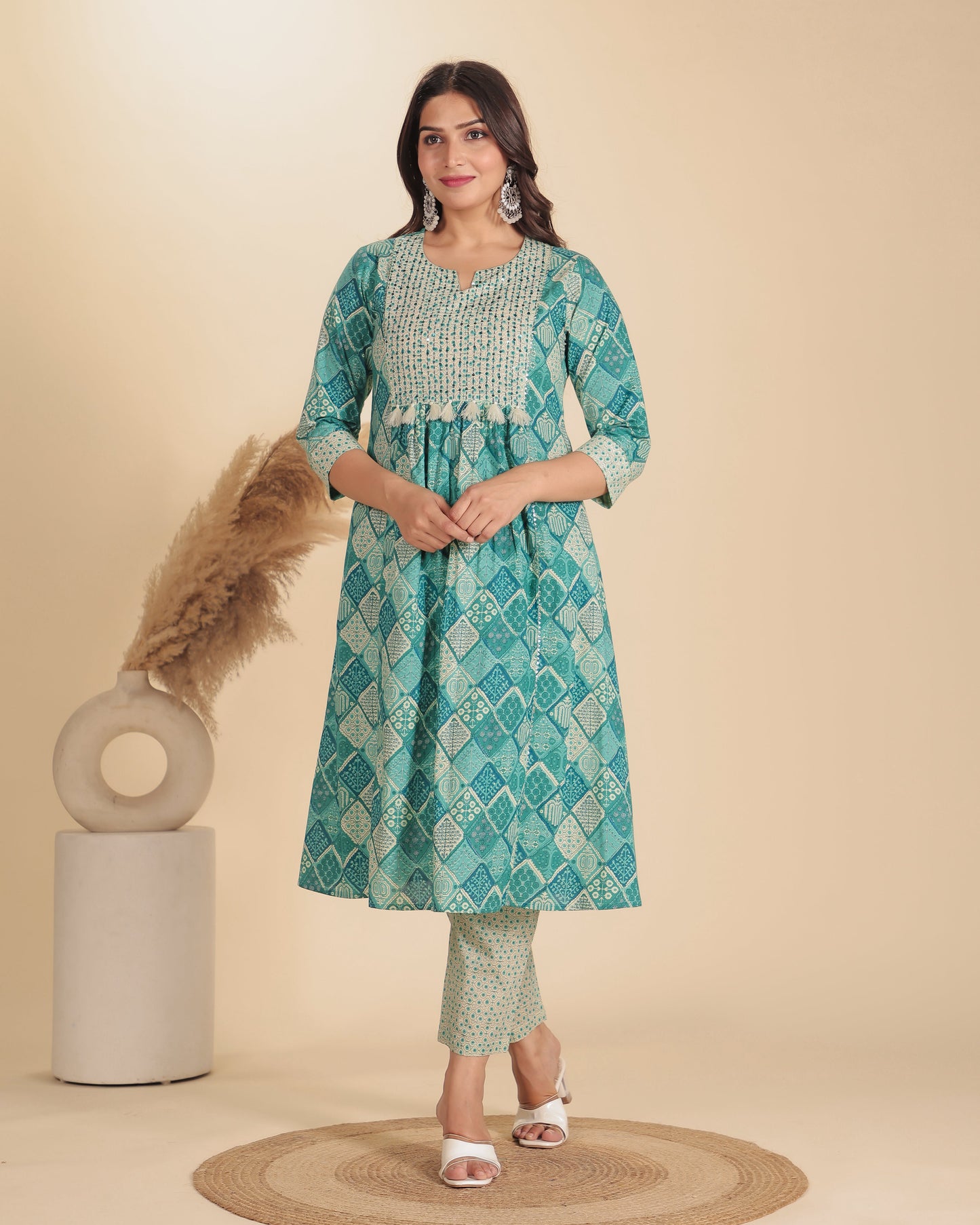 Soft Cotton Geometric Panelled Green